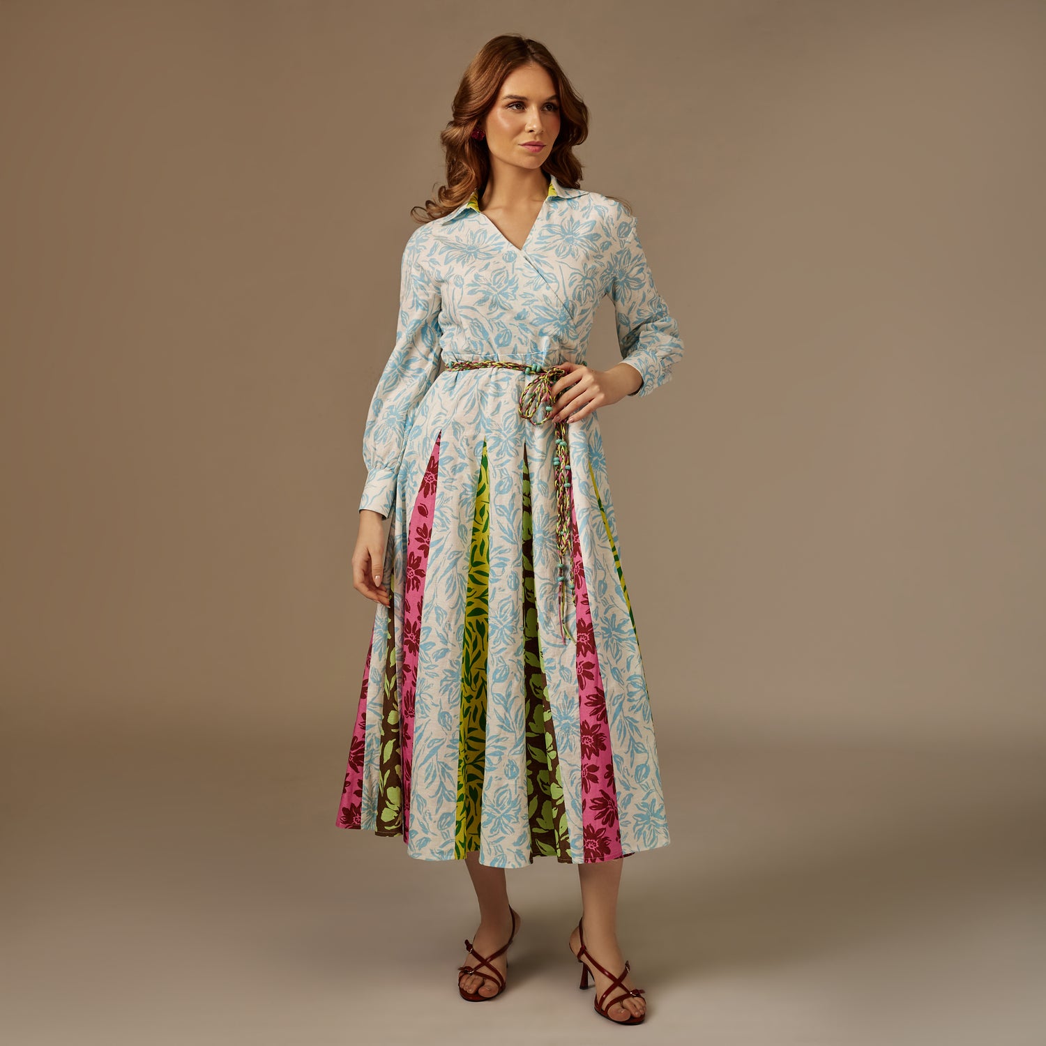 ًWhite And Blue Multiprinted Linen Shirt Dress