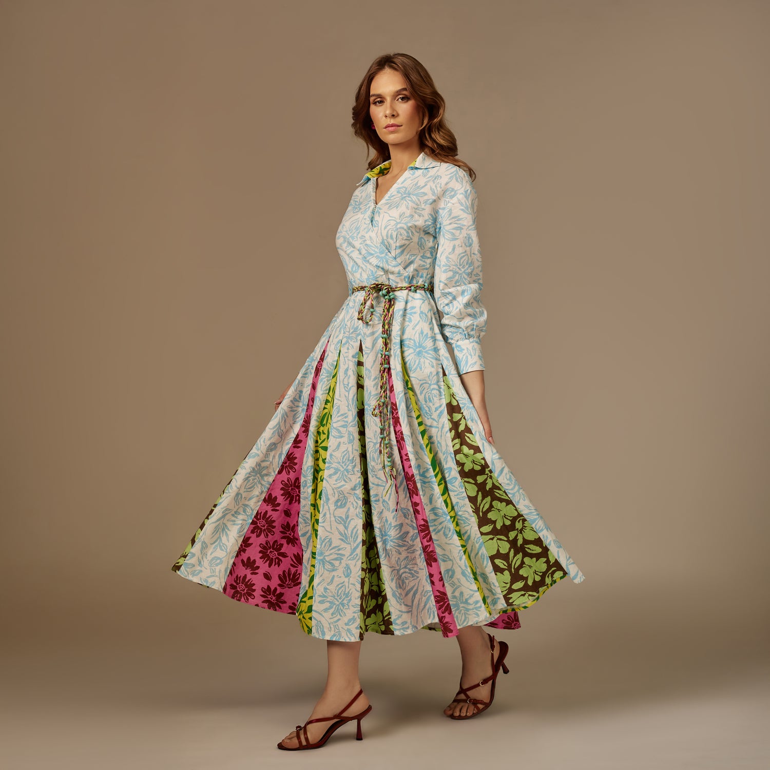 ًWhite And Blue Multiprinted Linen Shirt Dress