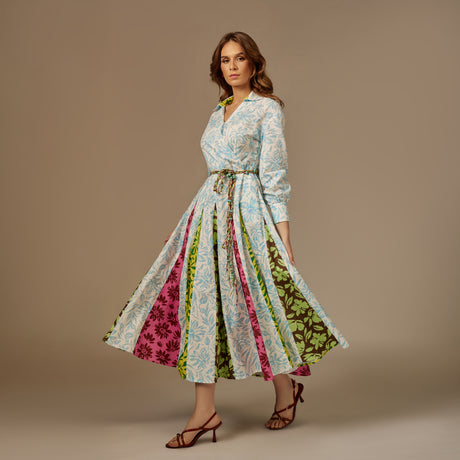 ًWhite And Blue Multiprinted Linen Shirt Dress