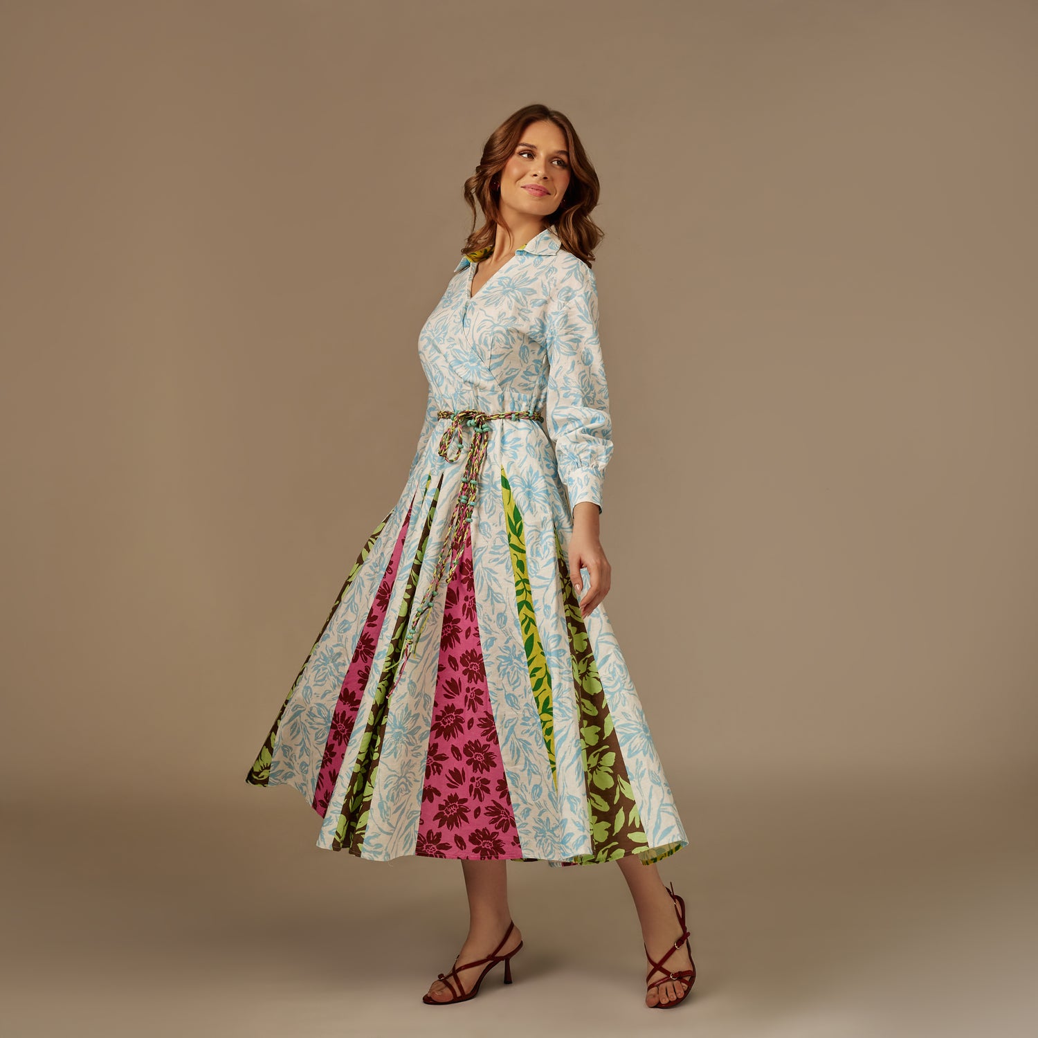 ًWhite And Blue Multiprinted Linen Shirt Dress