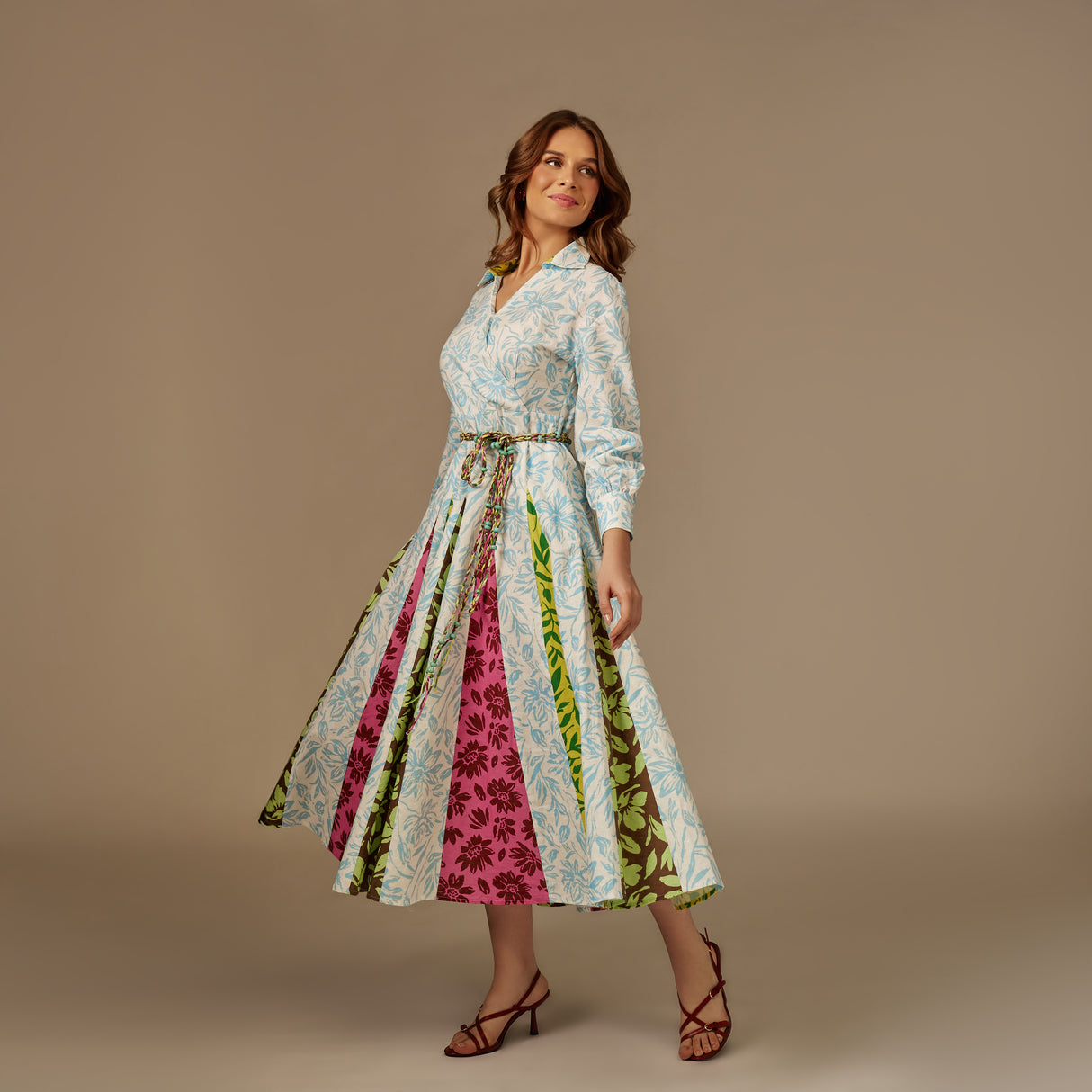 ًWhite And Blue Multiprinted Linen Shirt Dress