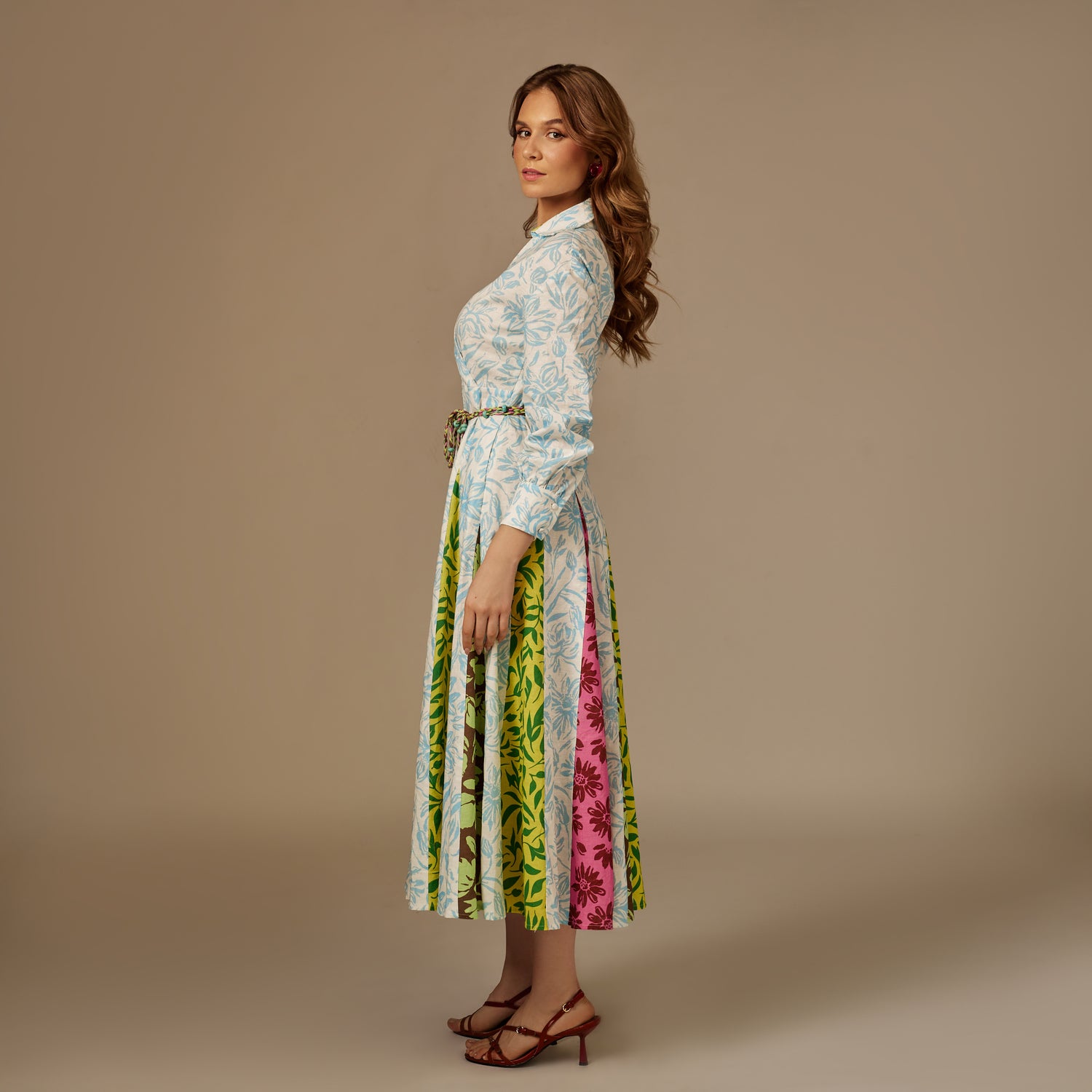 ًWhite And Blue Multiprinted Linen Shirt Dress