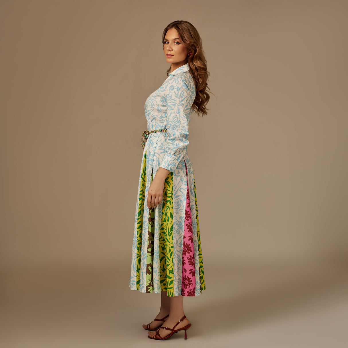 ًWhite And Blue Multiprinted Linen Shirt Dress