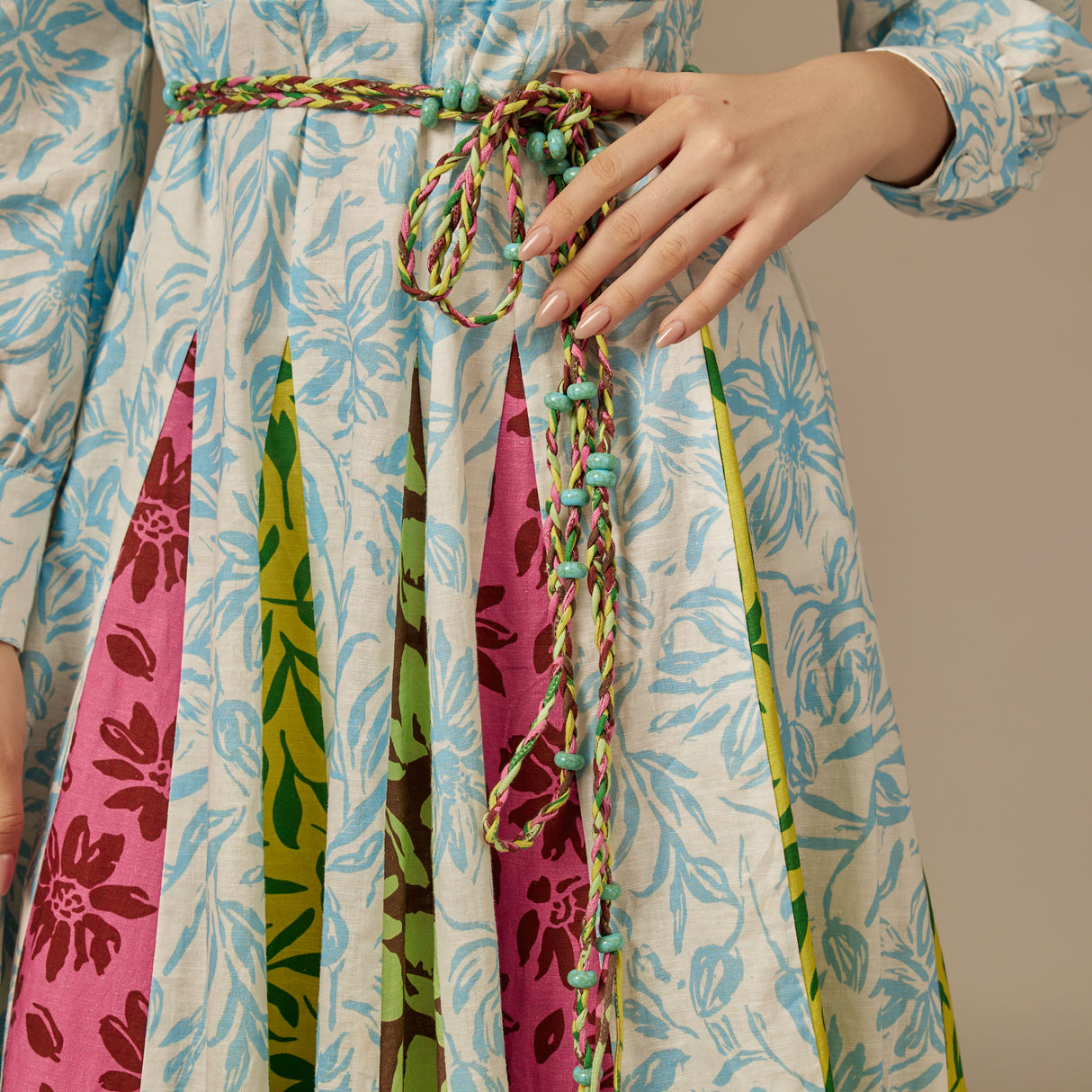 ًWhite And Blue Multiprinted Linen Shirt Dress