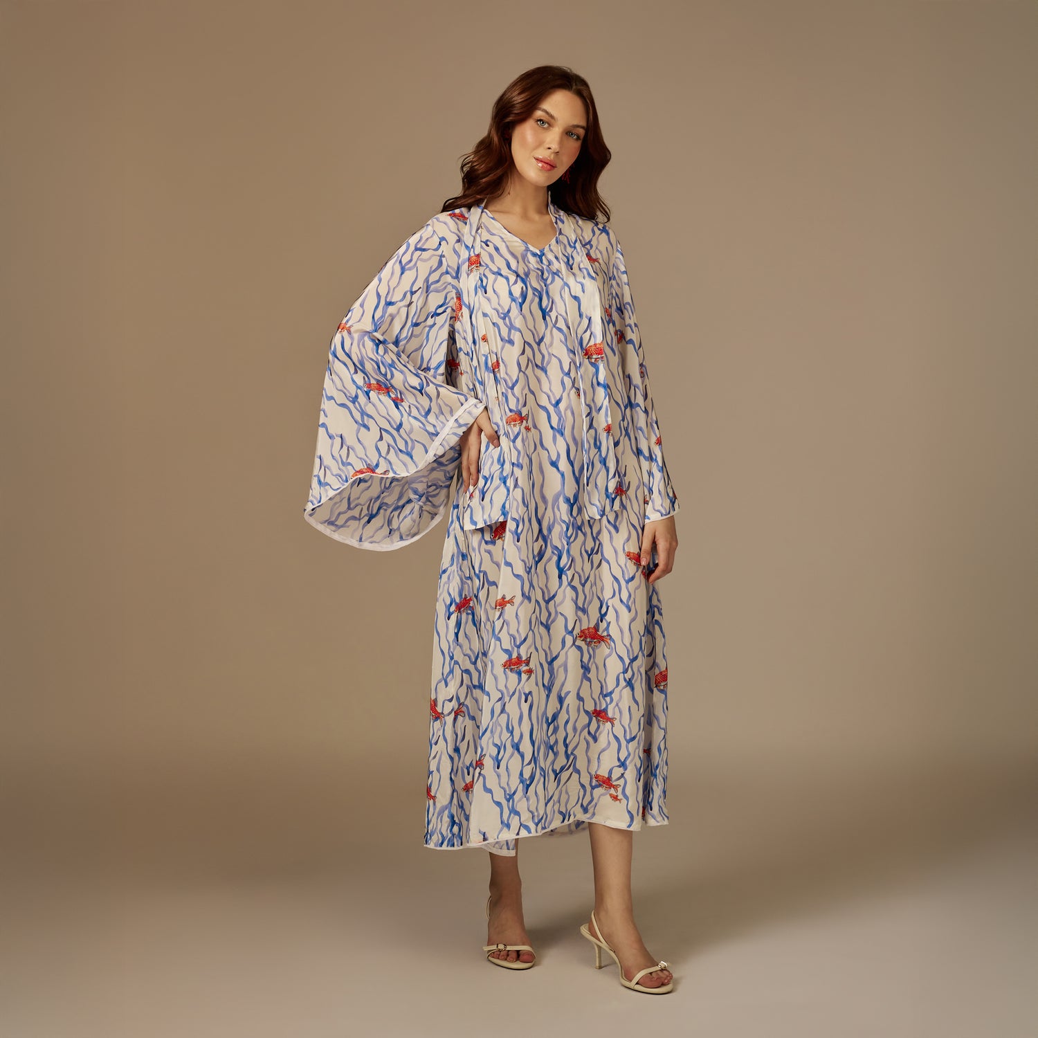 White And blue The Red Sea Breeze: Fish Motif Kaftan