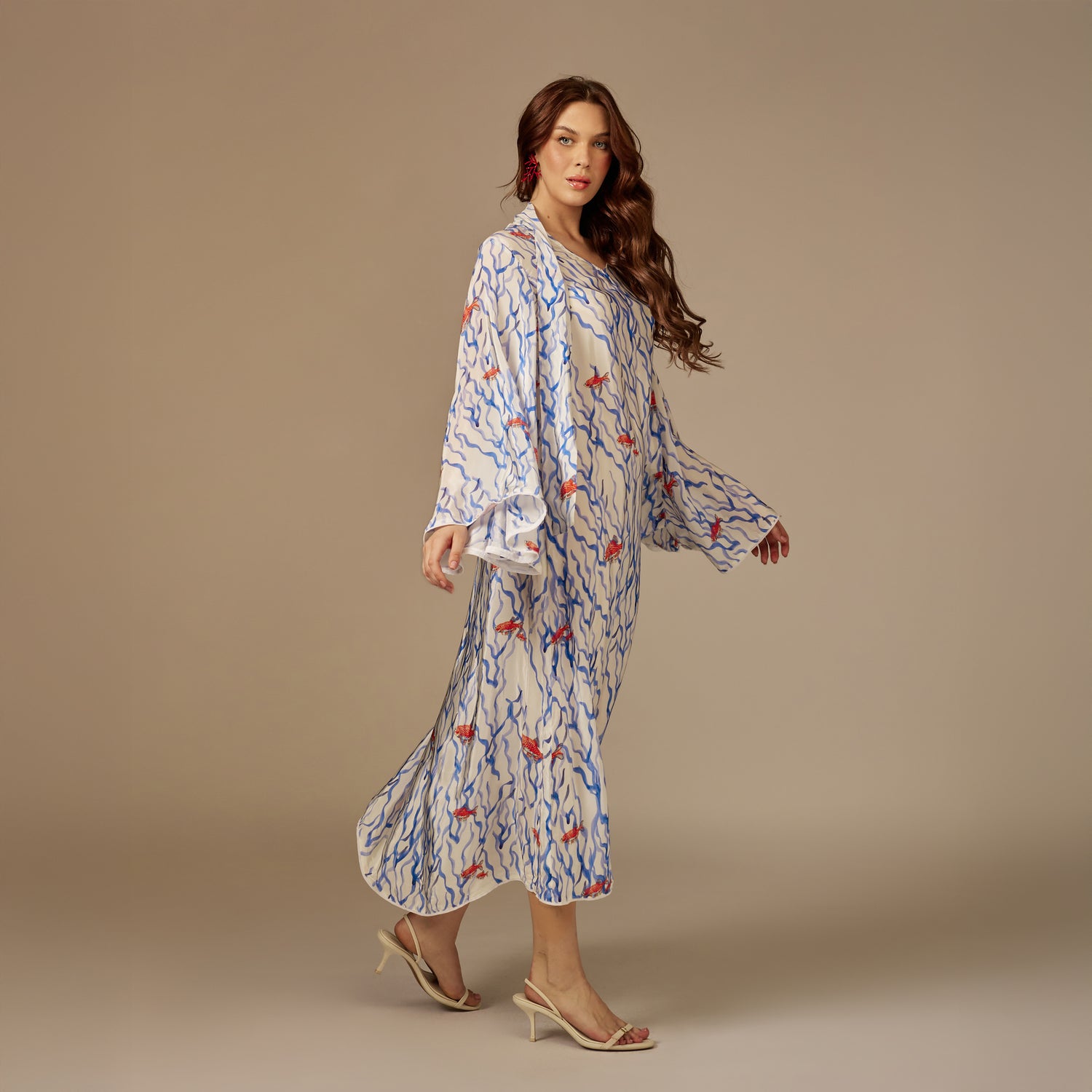 White And blue The Red Sea Breeze: Fish Motif Kaftan