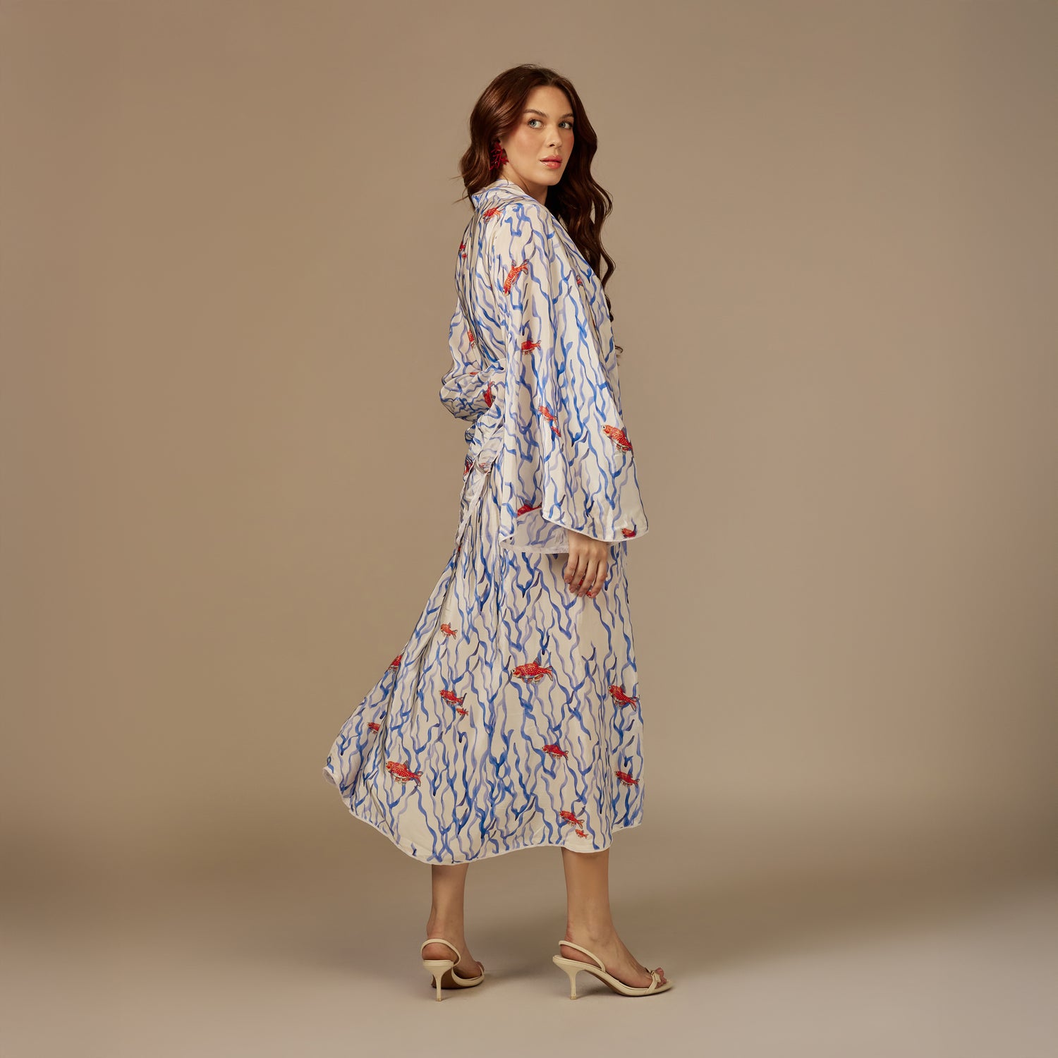 White And blue The Red Sea Breeze: Fish Motif Kaftan