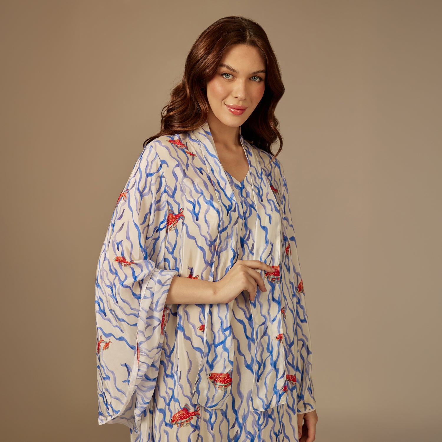 White And blue The Red Sea Breeze: Fish Motif Kaftan