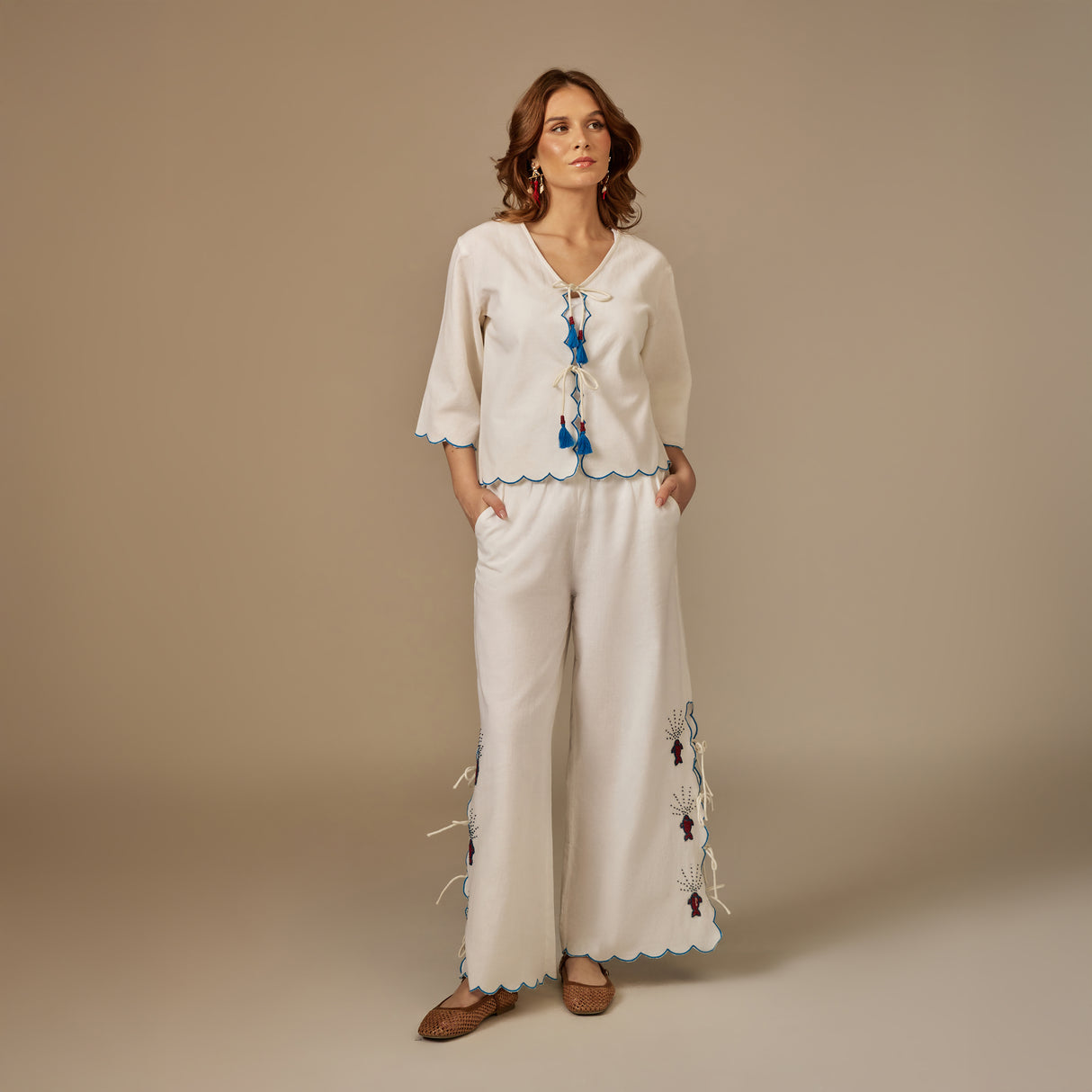 White Hand Beaded Fish Decorated Cotton Set