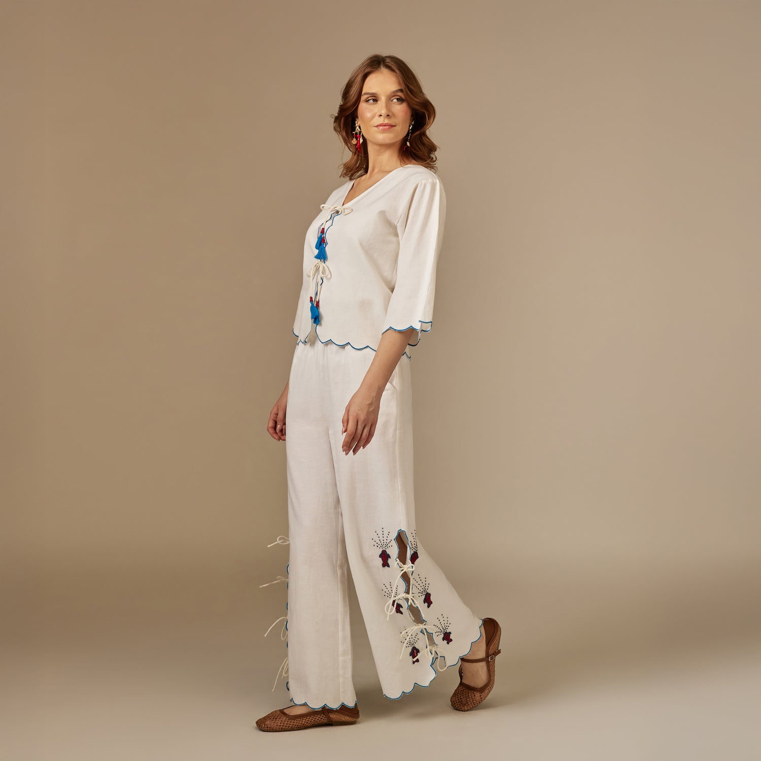 White Hand Beaded Fish Decorated Cotton Set