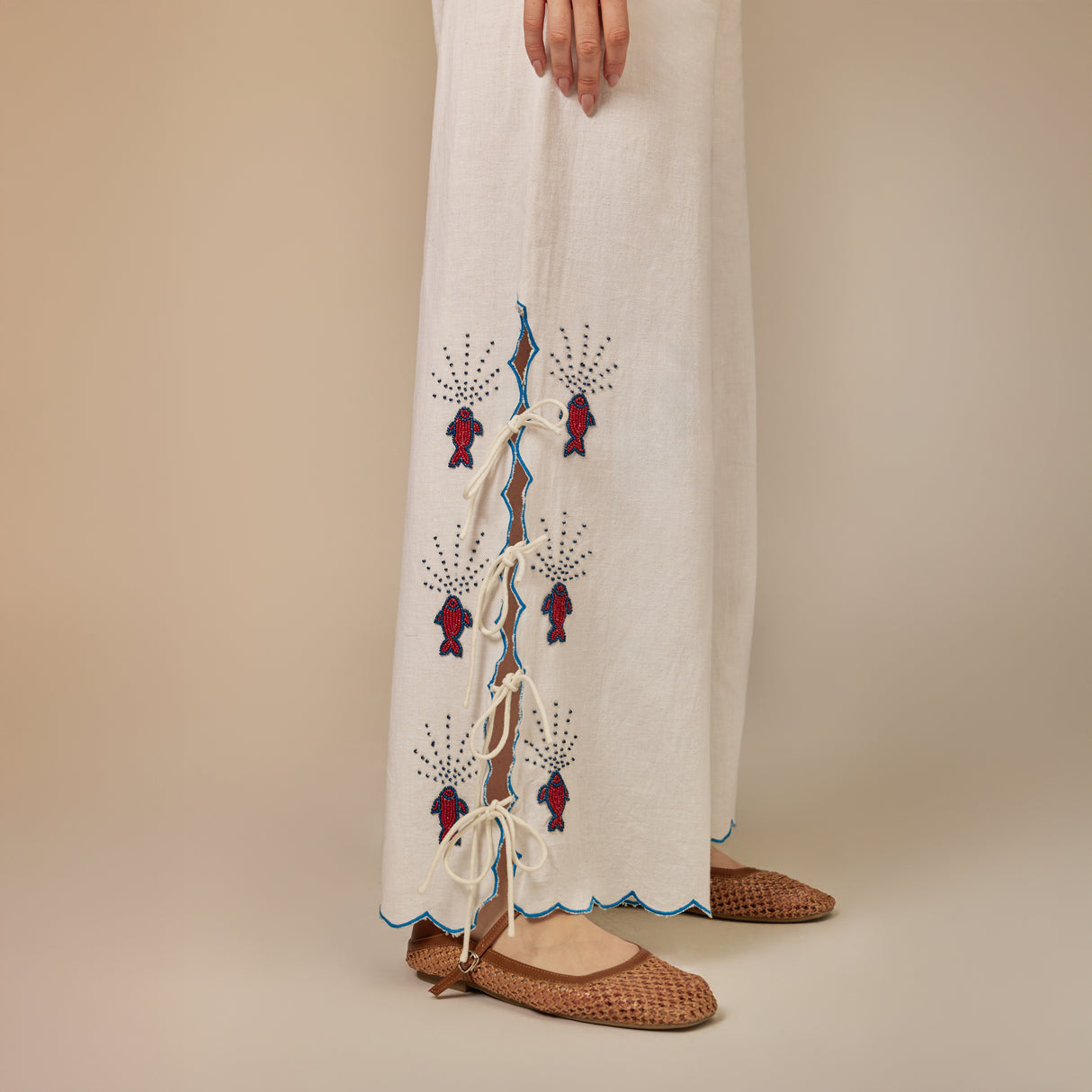 White Hand Beaded Fish Decorated Cotton Set