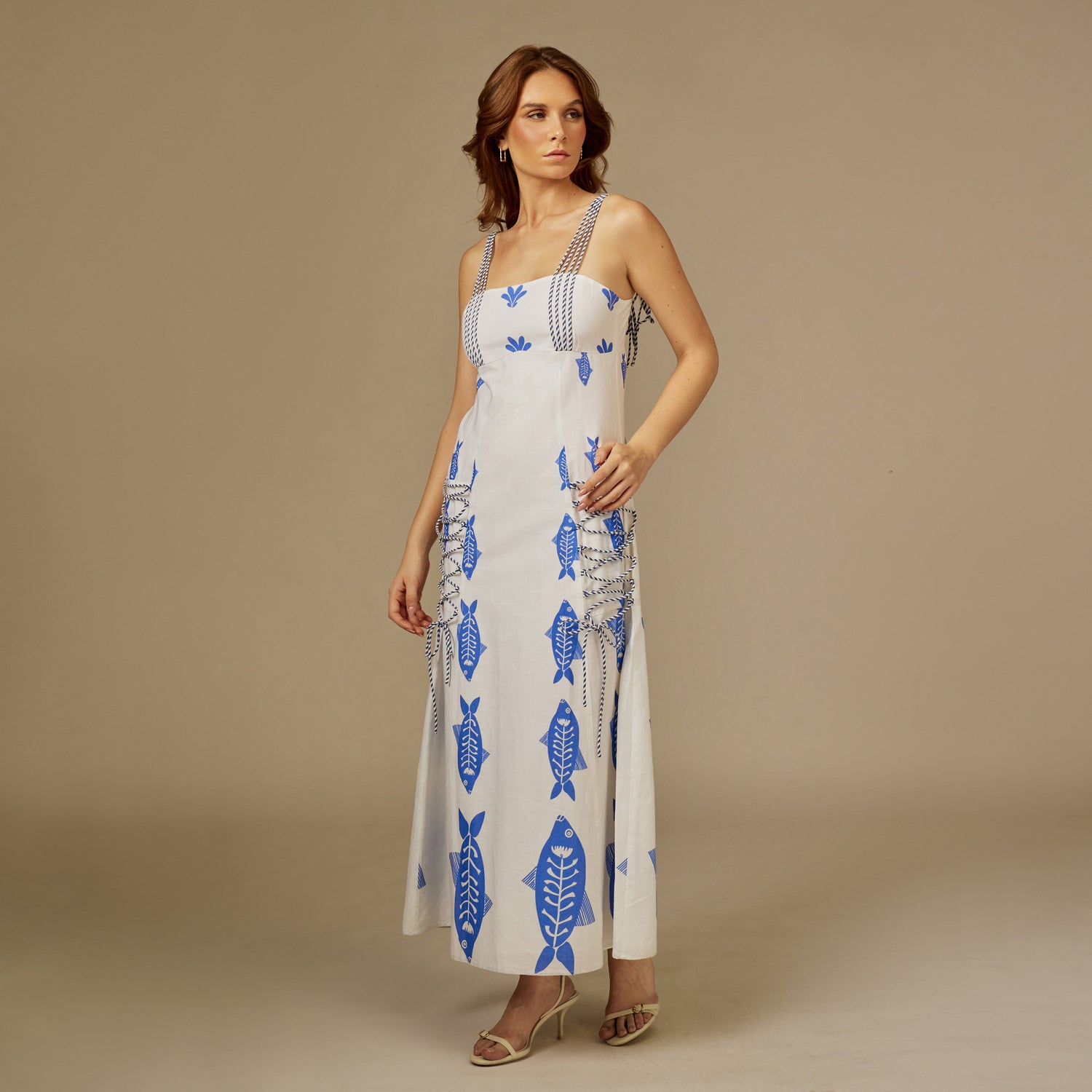 Blue and white Fish Print Lace-Up Cotton Dress