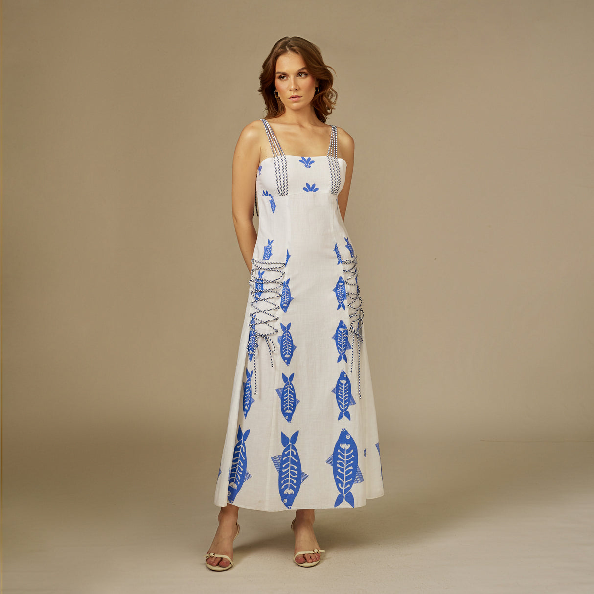 Blue and white Fish Print Lace-Up Cotton Dress
