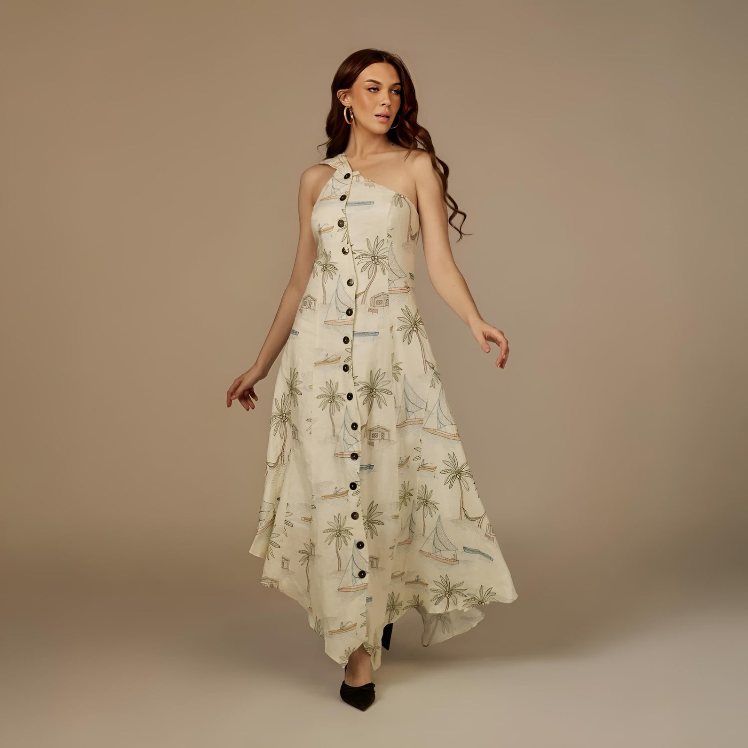 Beige Coastal Printed Linen Dress