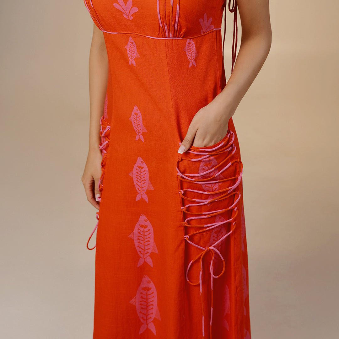 Orange Fish Print Lace-Up Cotton Dress - Noētic