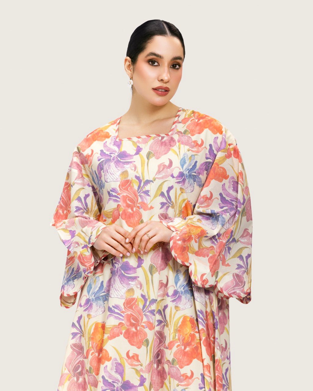 Peach Floral Maxi Dress with Square Neckline - Noētic