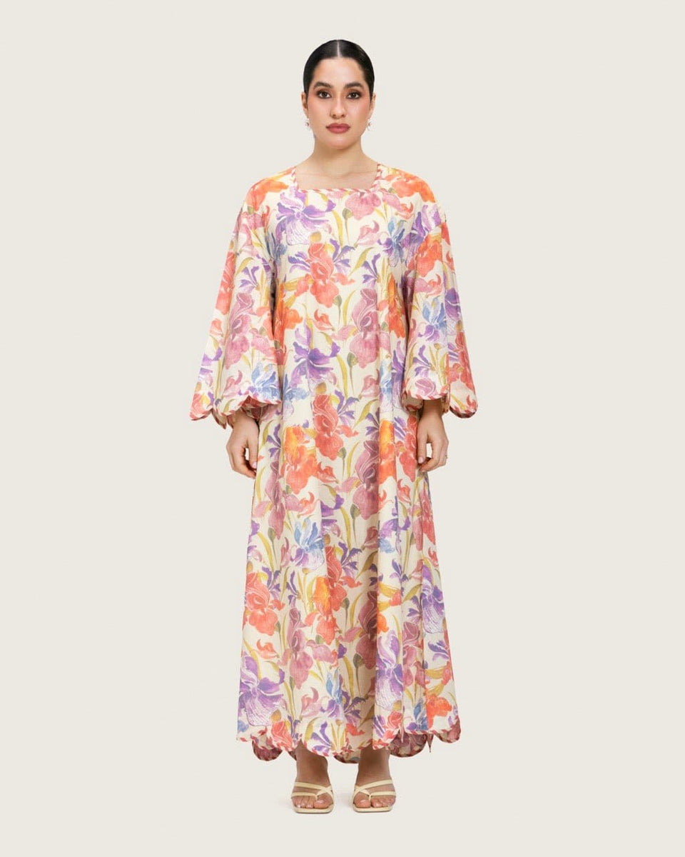 Peach Floral Maxi Dress with Square Neckline - Noētic
