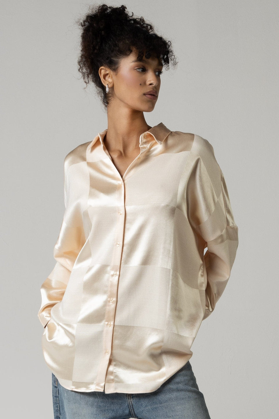 Peach satin jaquard check shirt - Noētic