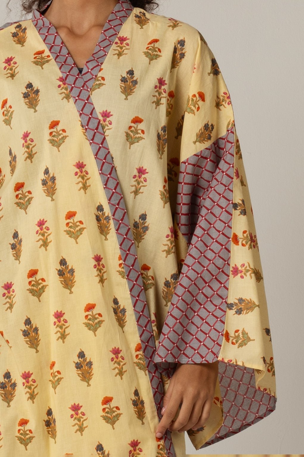 Printed Cotton Blue Check Mixed Print Kimono Abaya - Noētic