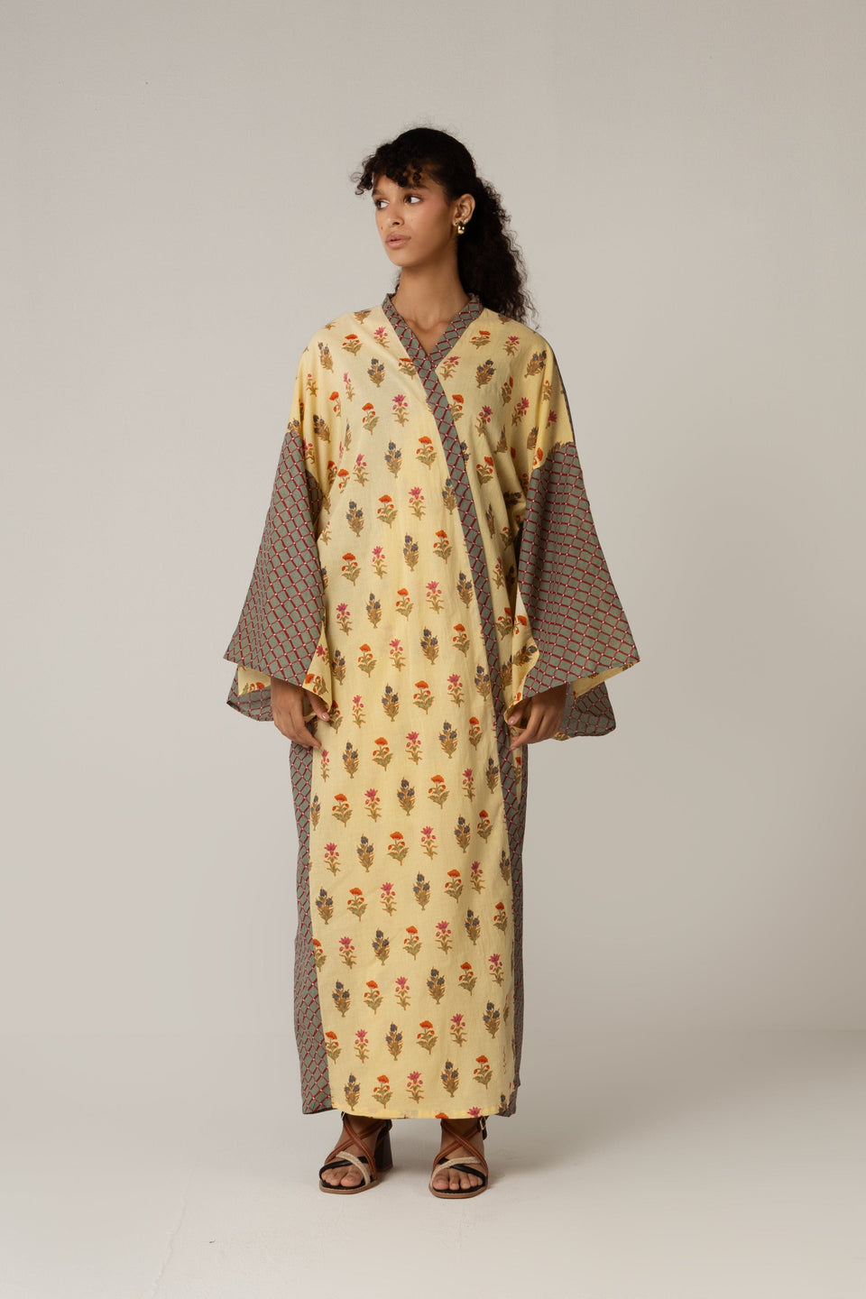 Printed Cotton Green Check Mixed Print Kimono Abaya - Noētic