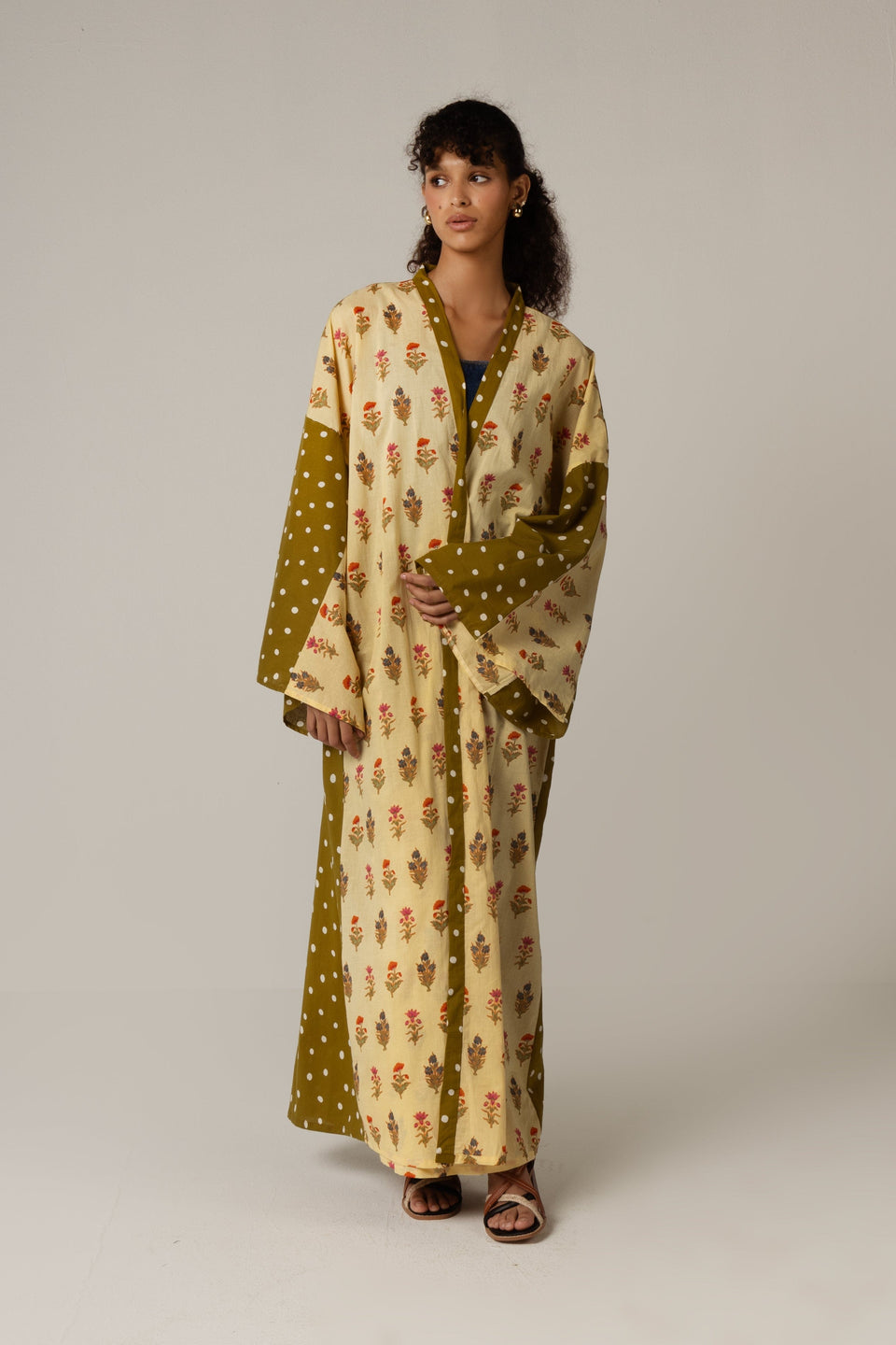 Printed Cotton Green Polka Dots Mixed Print Kimono Abaya - Noētic