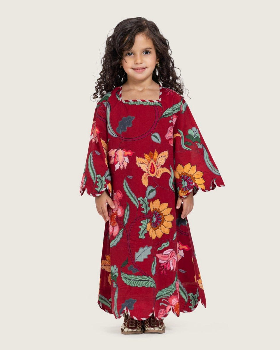 Printed Cotton Kids Dress with Relaxed Fit and Scalloped Edges - Burgundy - Noētic