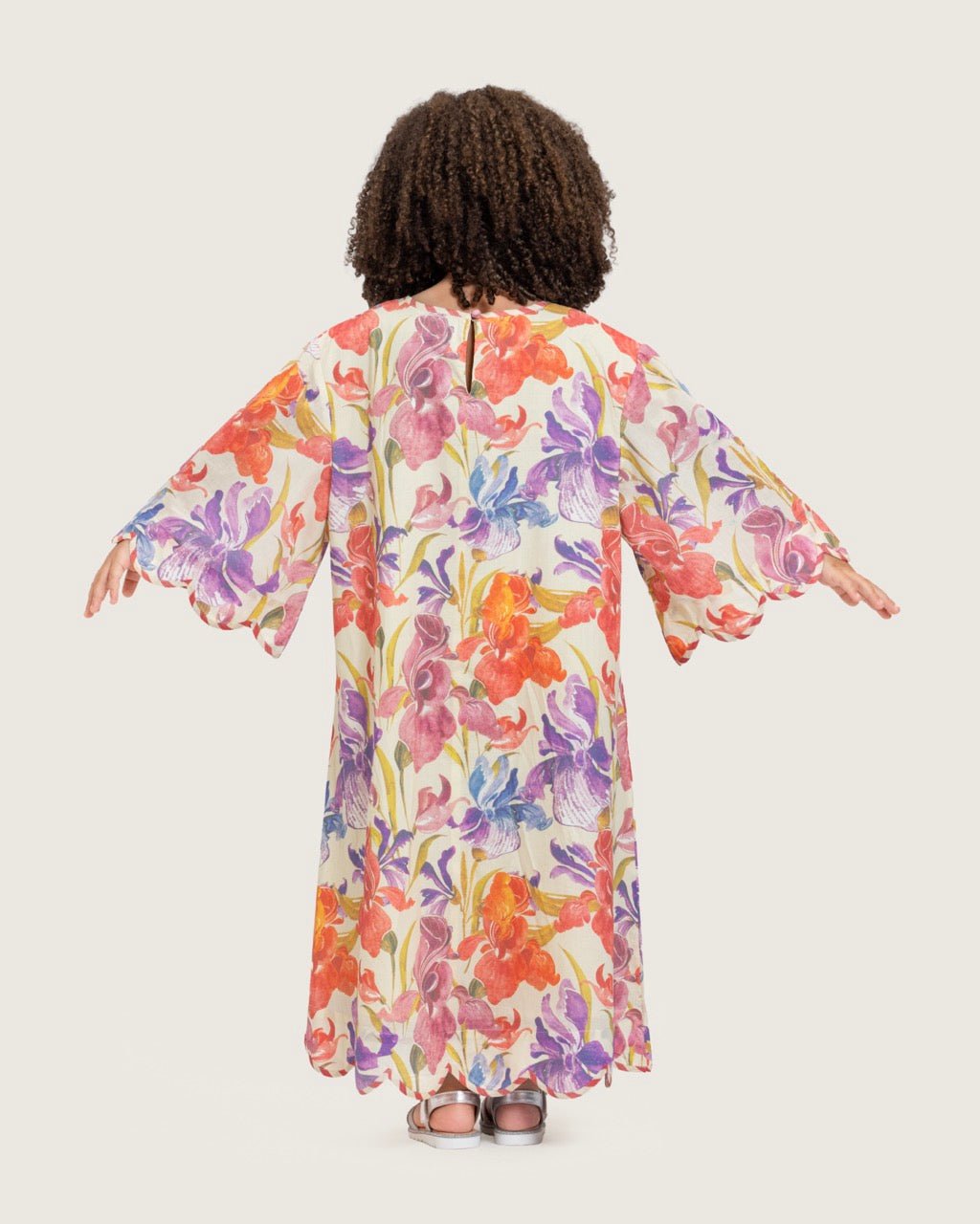 Printed Cotton Kids Dress with Relaxed Fit and Scalloped Edges - Peach - Noētic