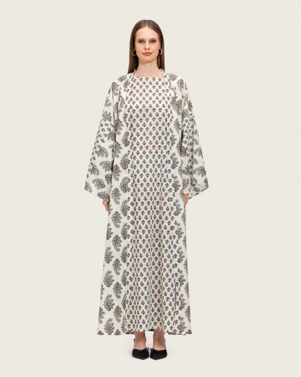 Printed Cotton Kimono Abaya Dress Set with Metalic Threads - Blue - Noētic