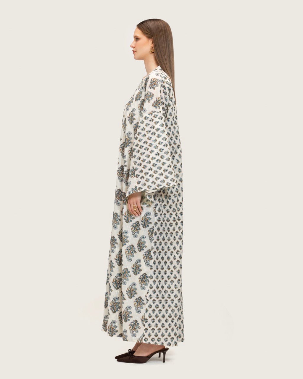 Printed Cotton Kimono Abaya Dress Set with Metalic Threads - Blue - Noētic
