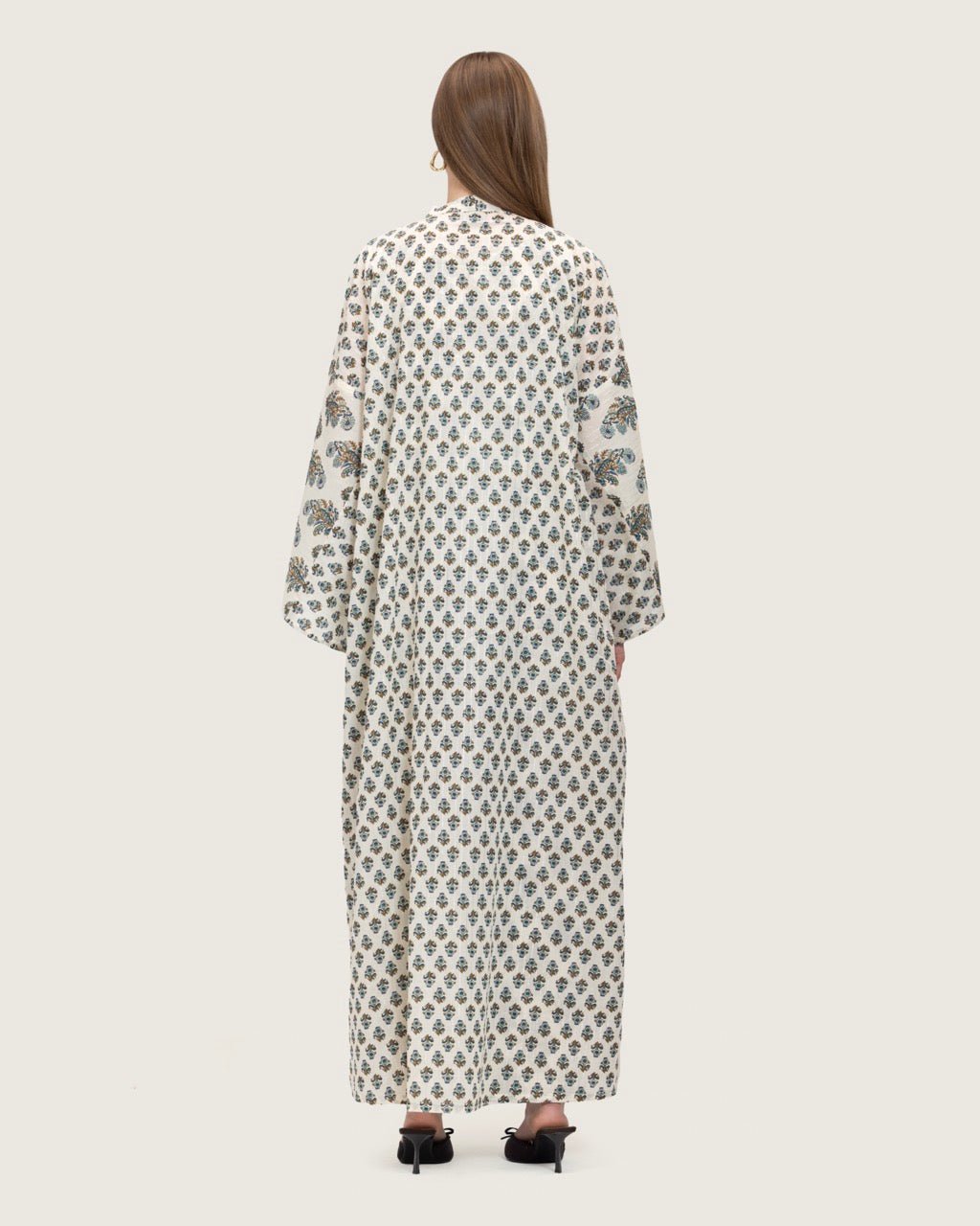 Printed Cotton Kimono Abaya Dress Set with Metalic Threads - Blue - Noētic