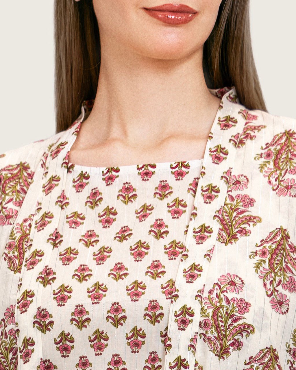 Printed Cotton Kimono Abaya Dress Set with Metalic Threads - Pink - Noētic