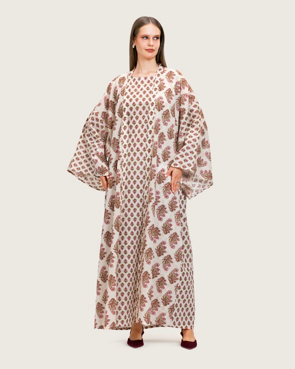 Printed Cotton Kimono Abaya Dress Set with Metalic Threads - Pink - Noētic