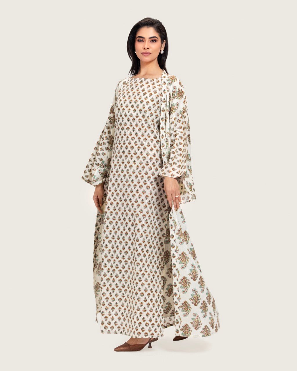 Printed Cotton Kimono Abaya Dress Set with Metalic Threads - Turquoise - Noētic