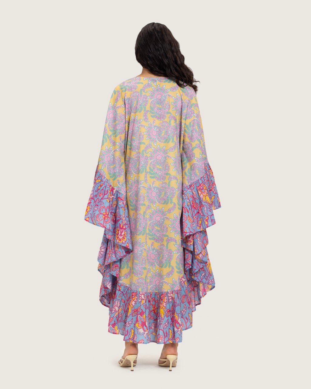 Printed Flowy Kaftan Dress with Soft Multicolor Motifs and Tassels - Noētic