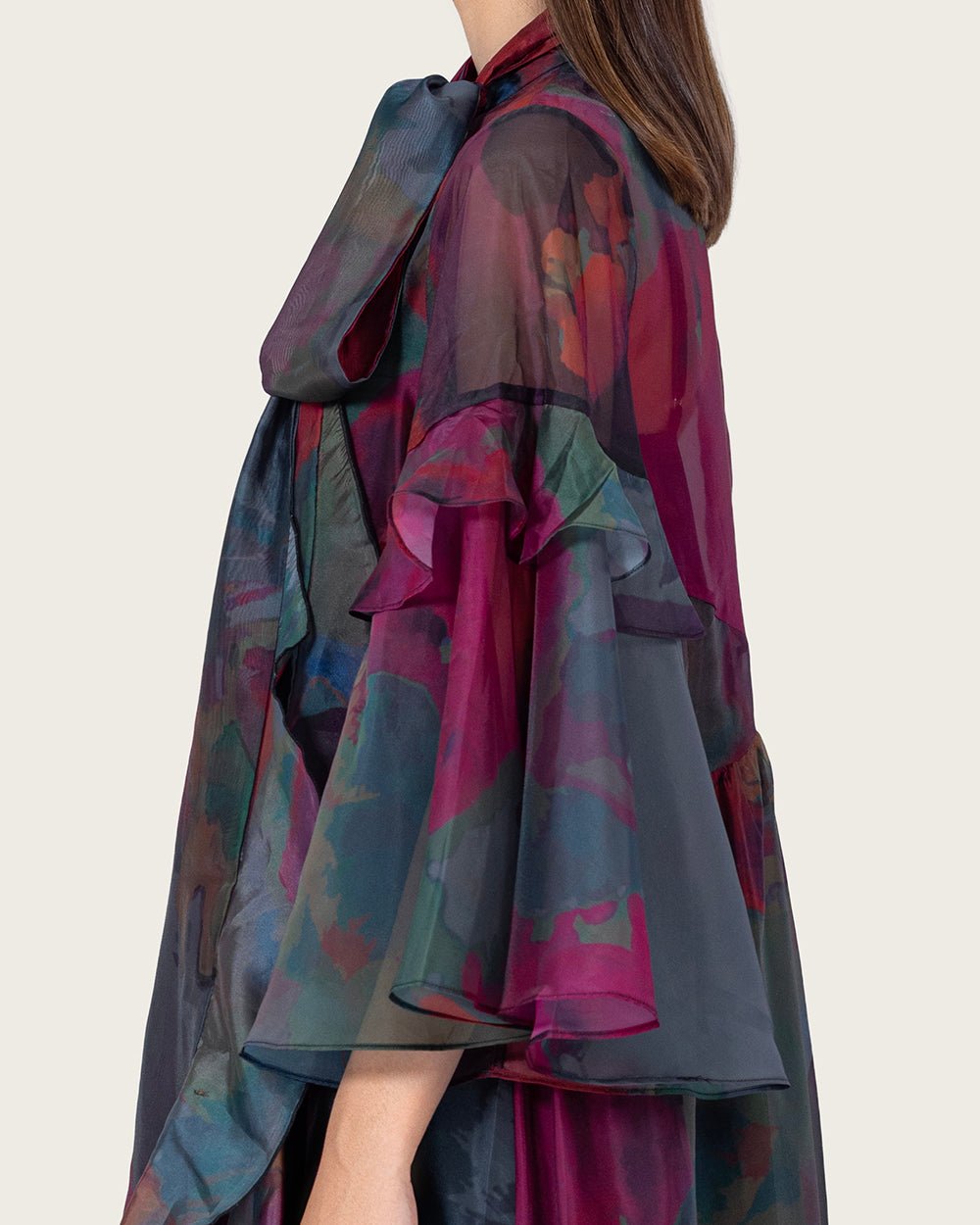 Printed Maxi Dress with Bow Neck and Flared Sleeves - Noētic