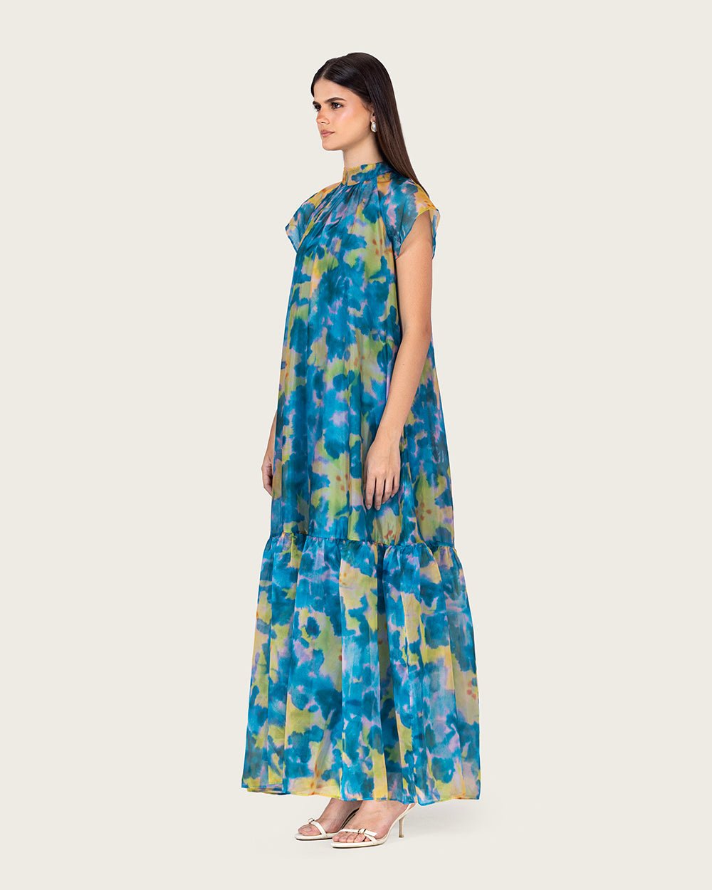 Printed Organza Maxi Dress with Back Bow Tie - Noētic