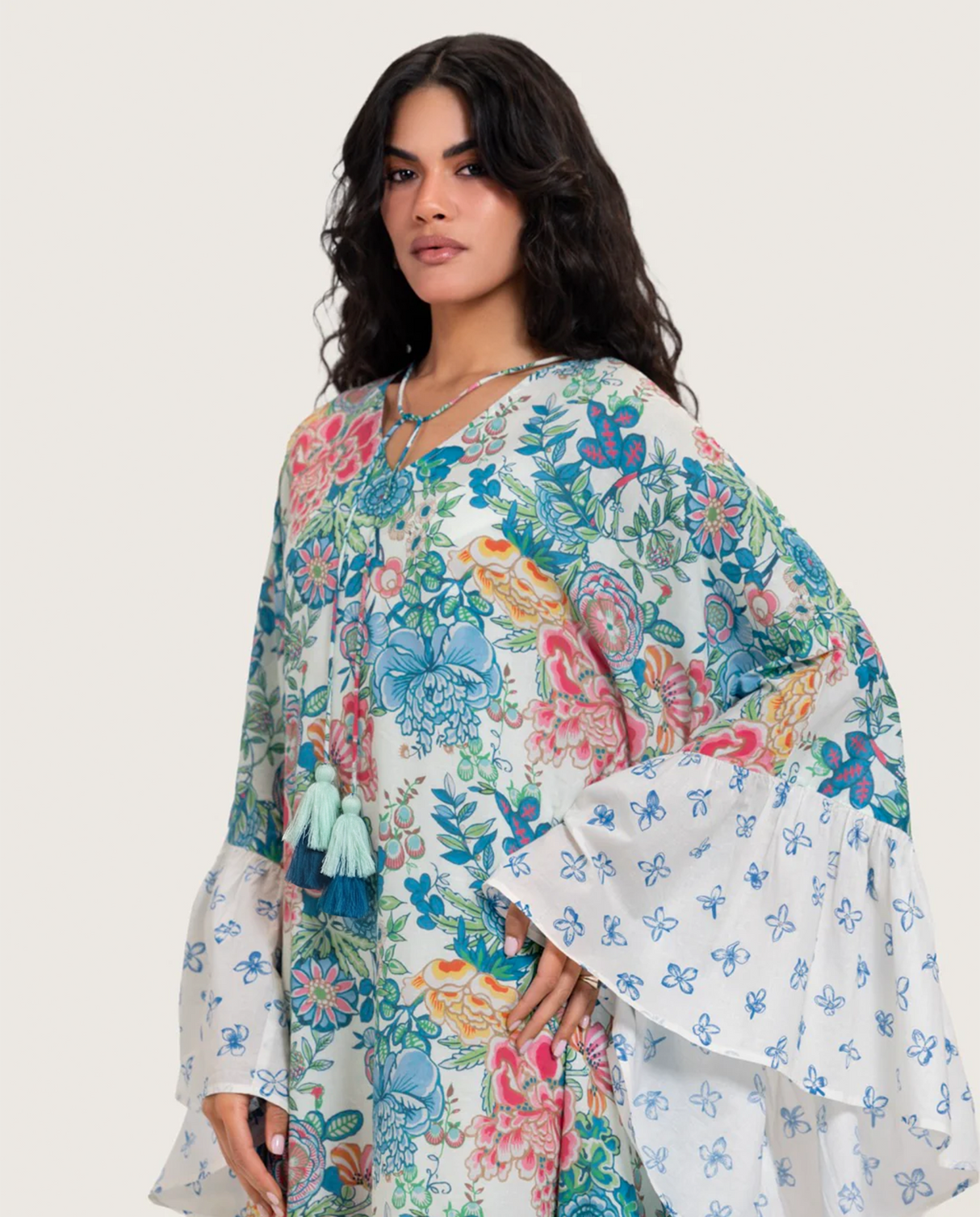 Printed Ruffle Trimmed Kaftan with Tie Neck & Tassels - Noētic