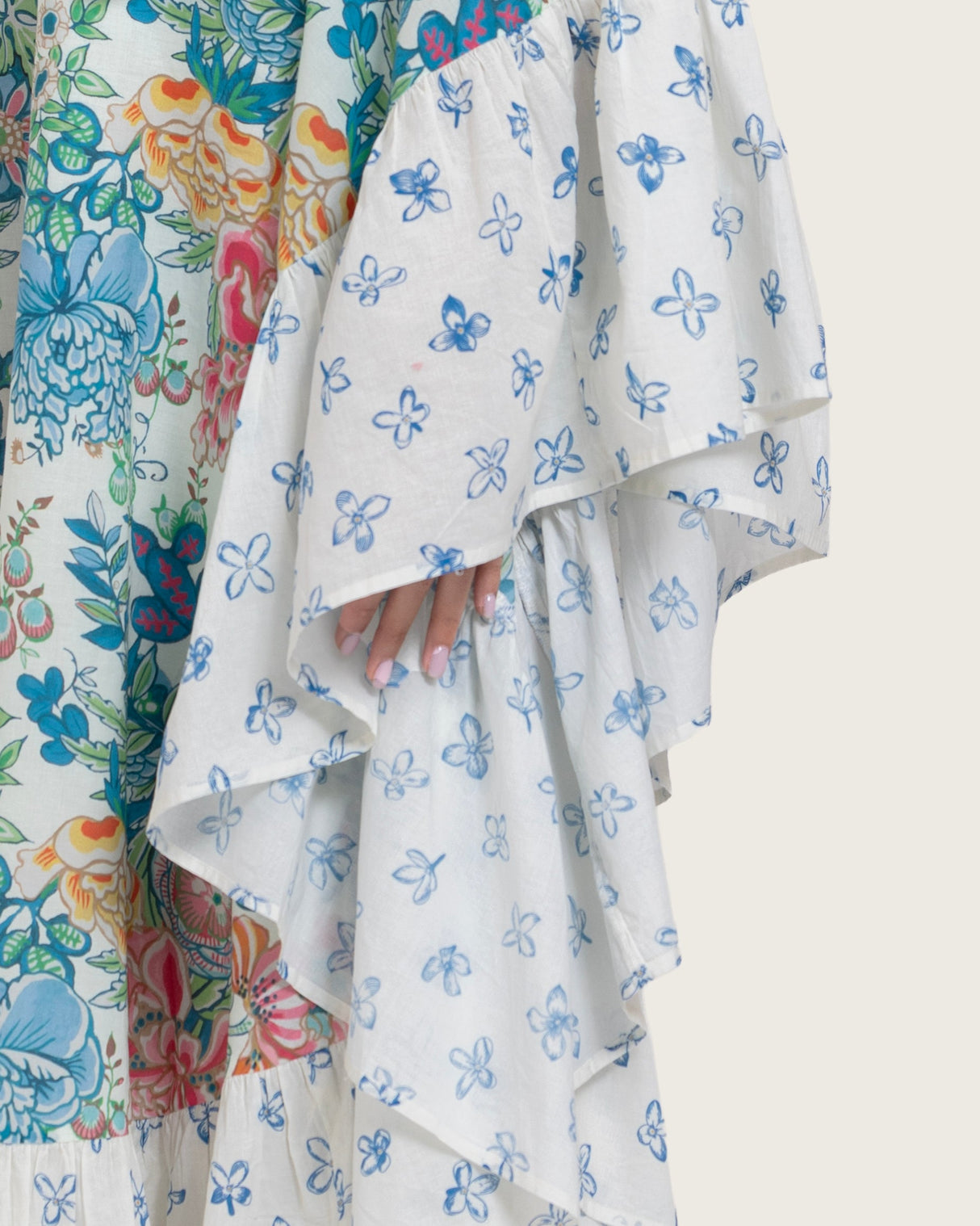 Printed Ruffle Trimmed Kaftan with Tie Neck & Tassels - Noētic