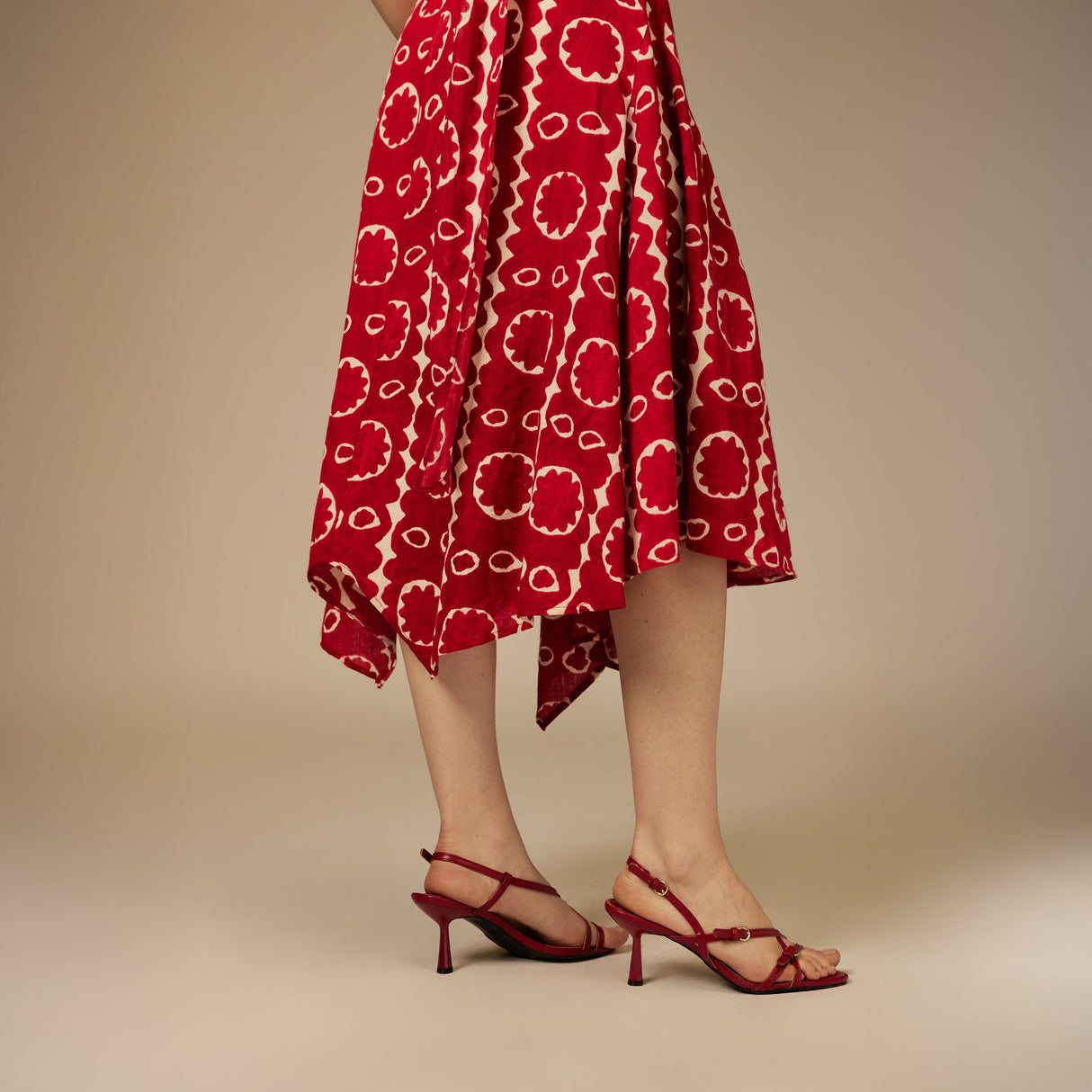 Red Printed Asymmetrical Linen Dress - Noētic