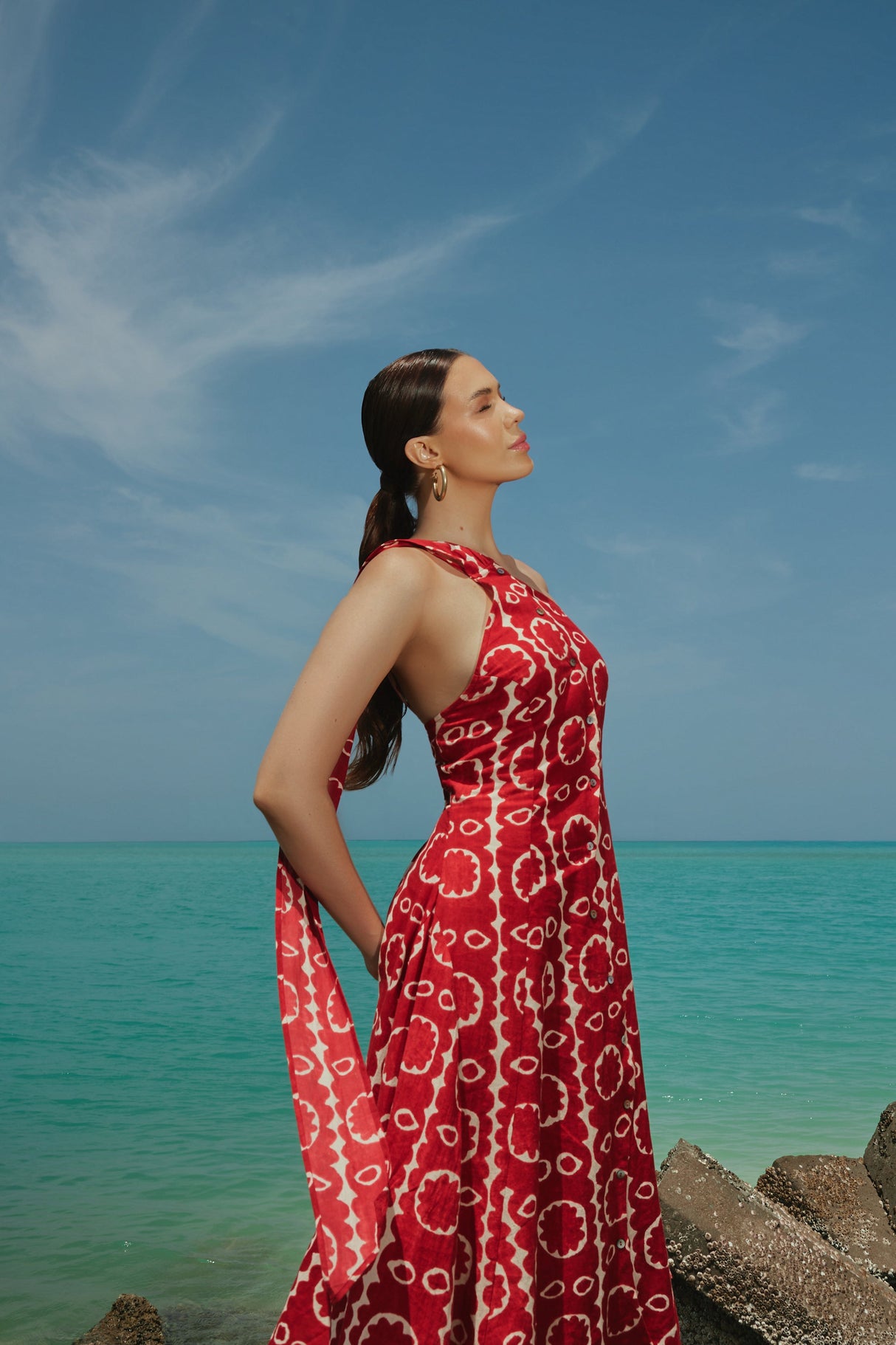 Red Printed Asymmetrical Linen Dress - Noētic