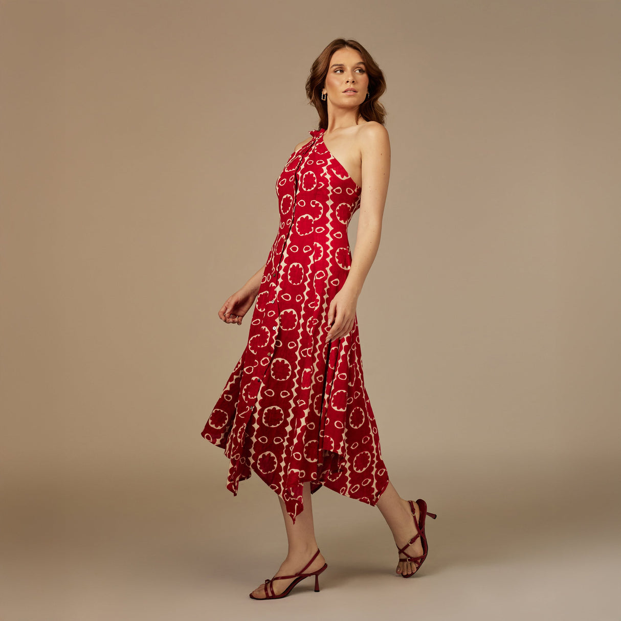 Red Printed Asymmetrical Linen Dress - Noētic