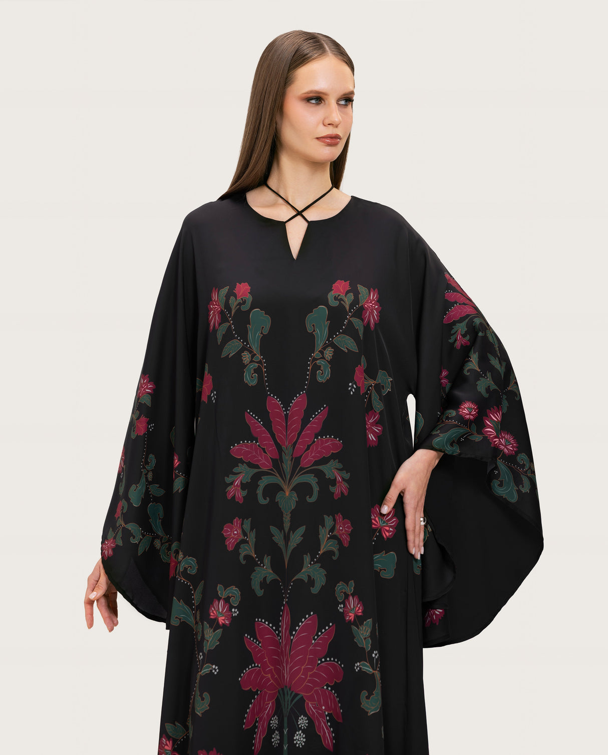 Satin Black Botanical Printed Kaftan - Noētic