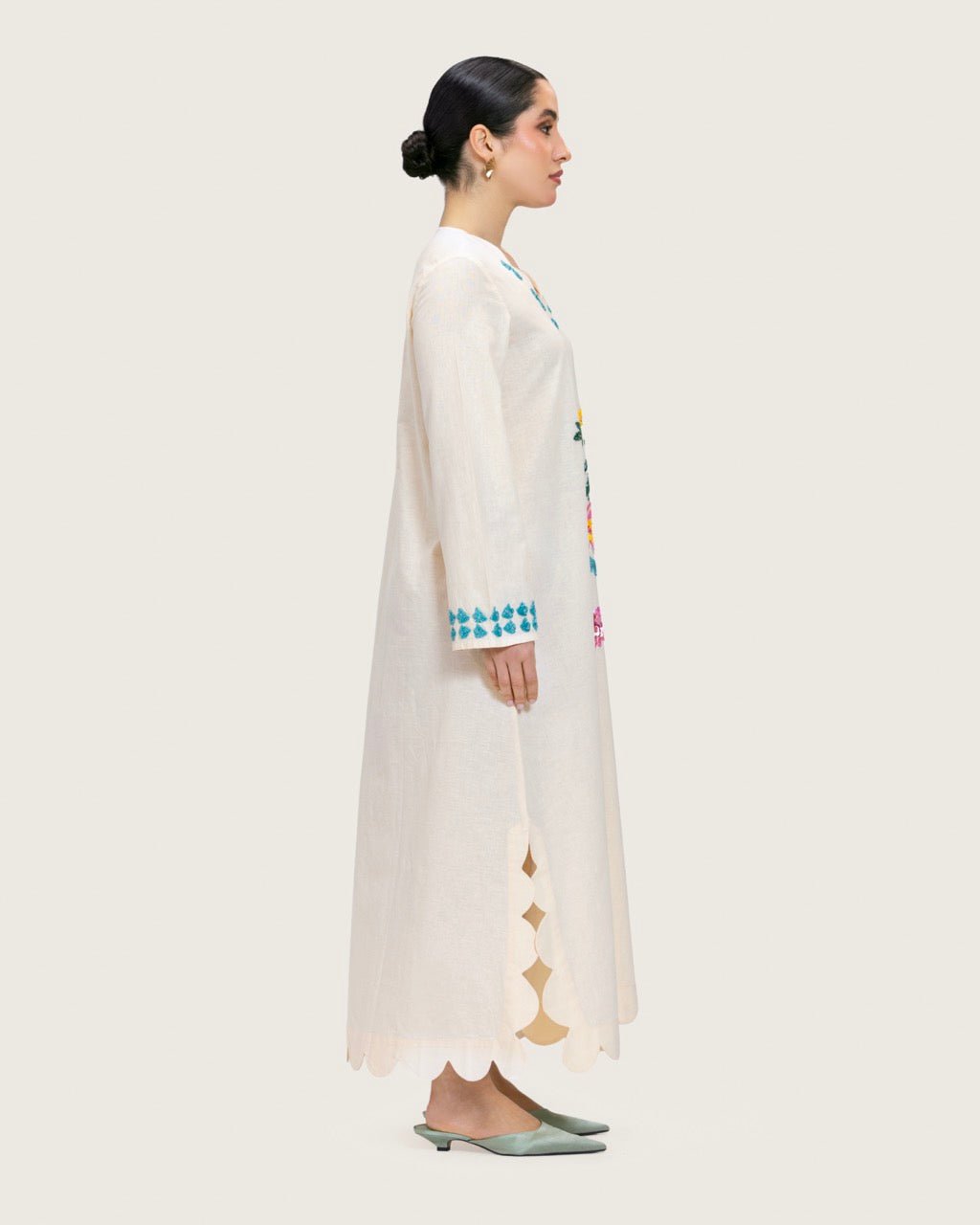 Soft Melon Linen Kaftan with Hand Embellishments and Scalloped Edges - Noētic
