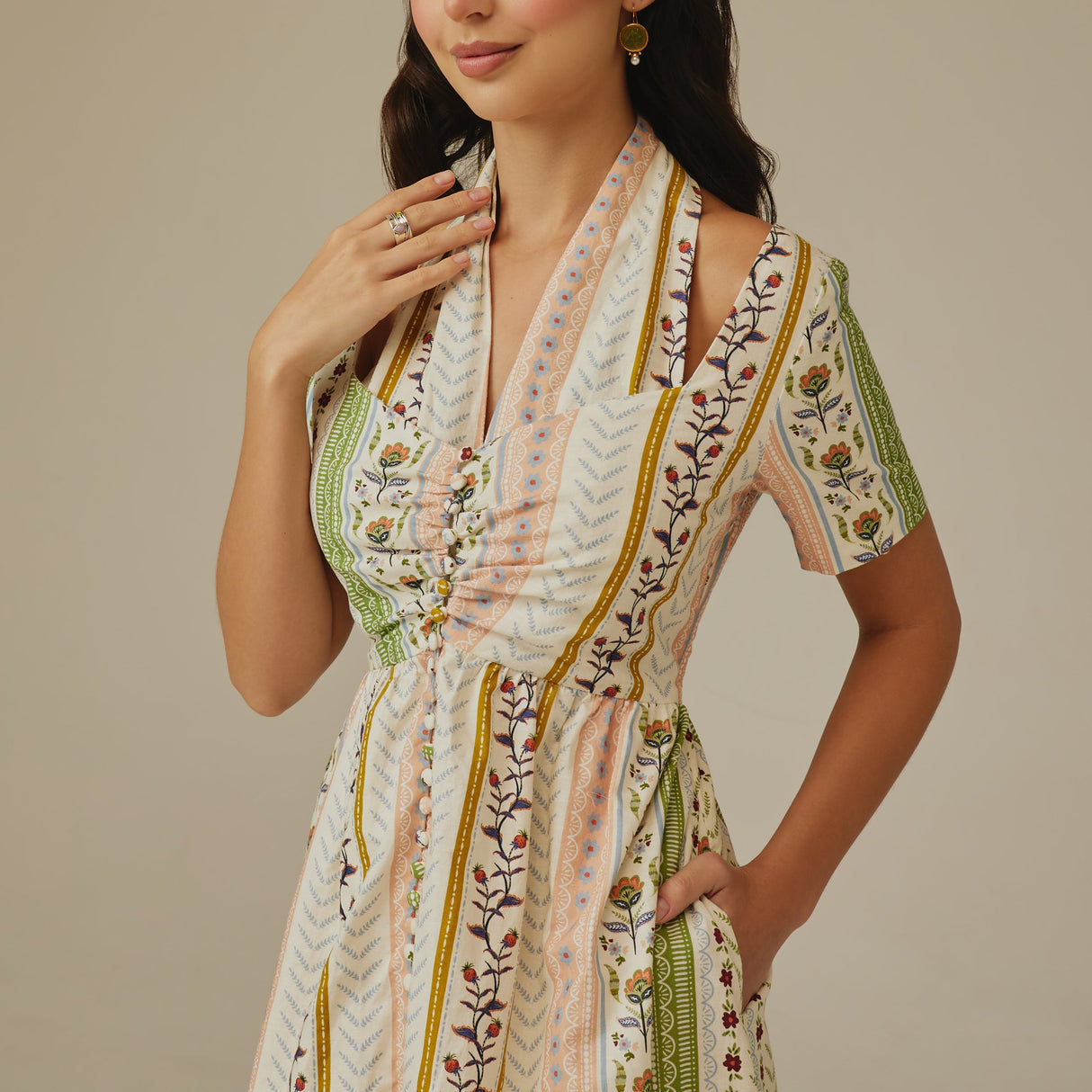 Striped Floral Linen Dress - Noētic