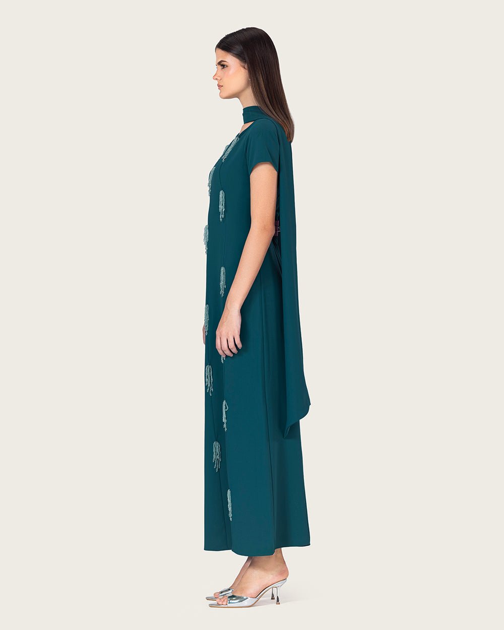 Teal Green Maxi Dress with Beaded Embellishments - Noētic