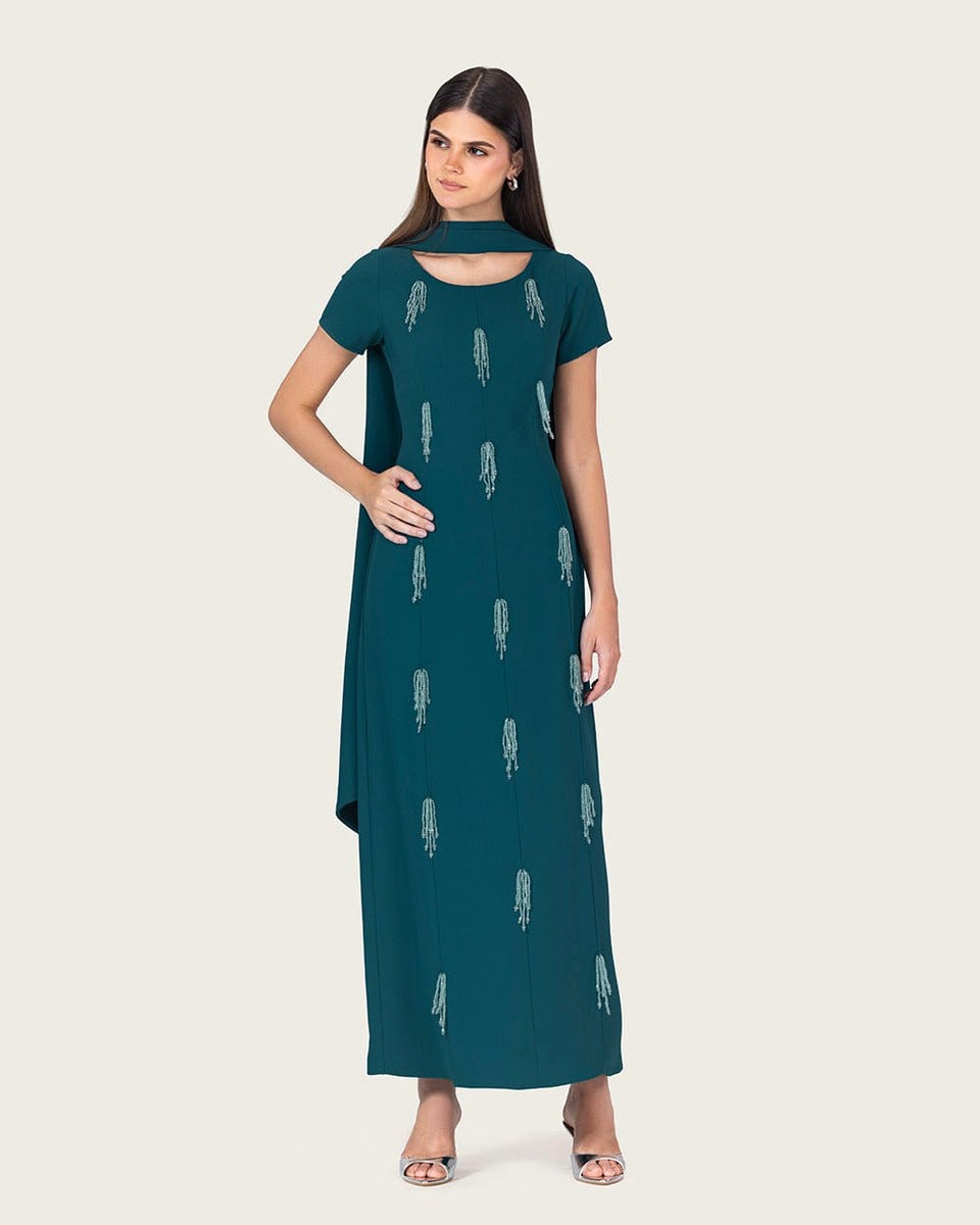 Teal Green Maxi Dress with Beaded Embellishments - Noētic