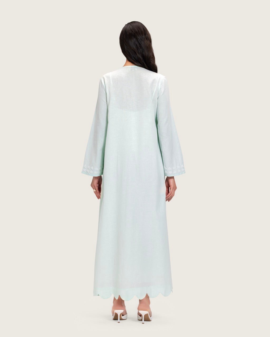 Turquoise Linen Kaftan with Hand Embellishments and Scalloped Edges - Noētic