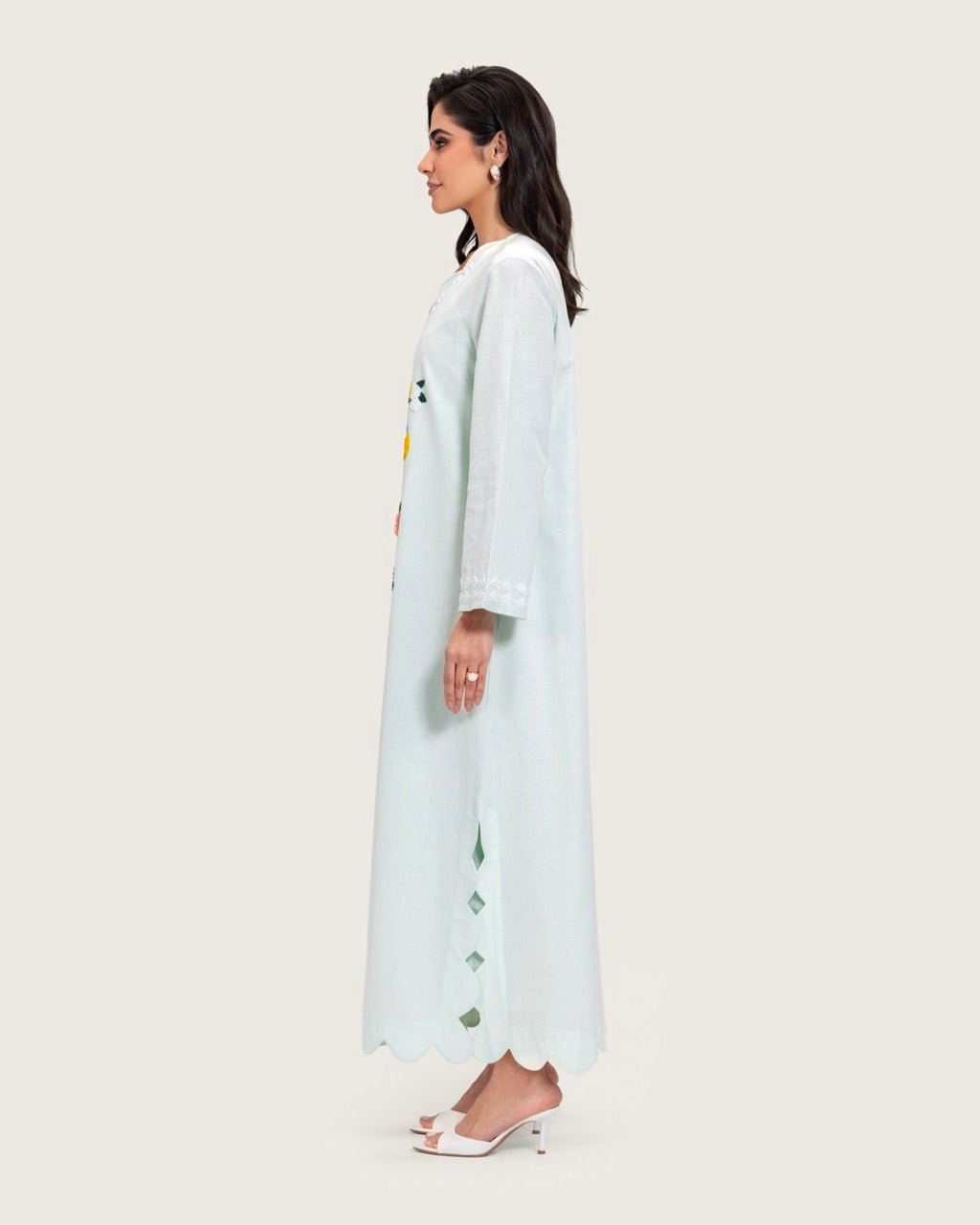 Turquoise Linen Kaftan with Hand Embellishments and Scalloped Edges - Noētic