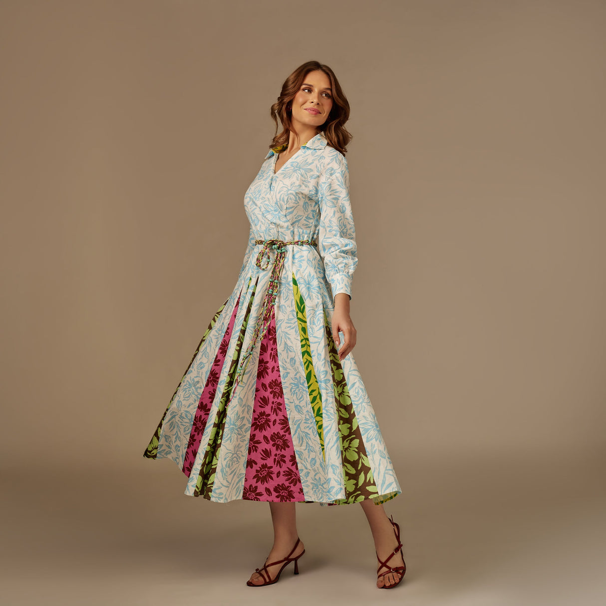 ًWhite And Blue Multiprinted Linen Shirt Dress - Noētic