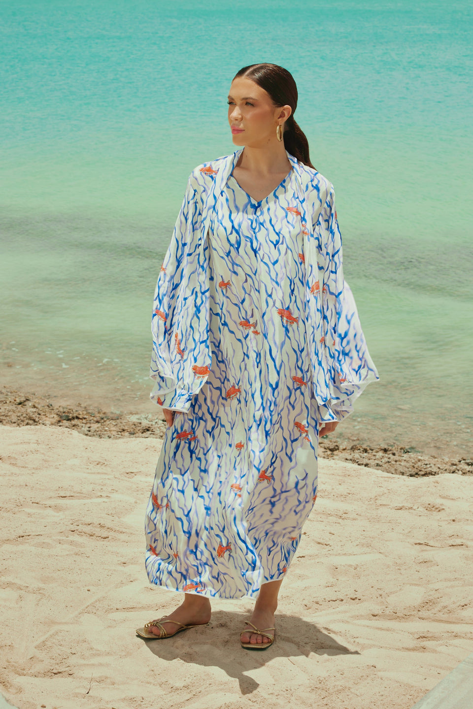 White And blue The Red Sea Breeze: Fish Motif Kaftan - Noētic